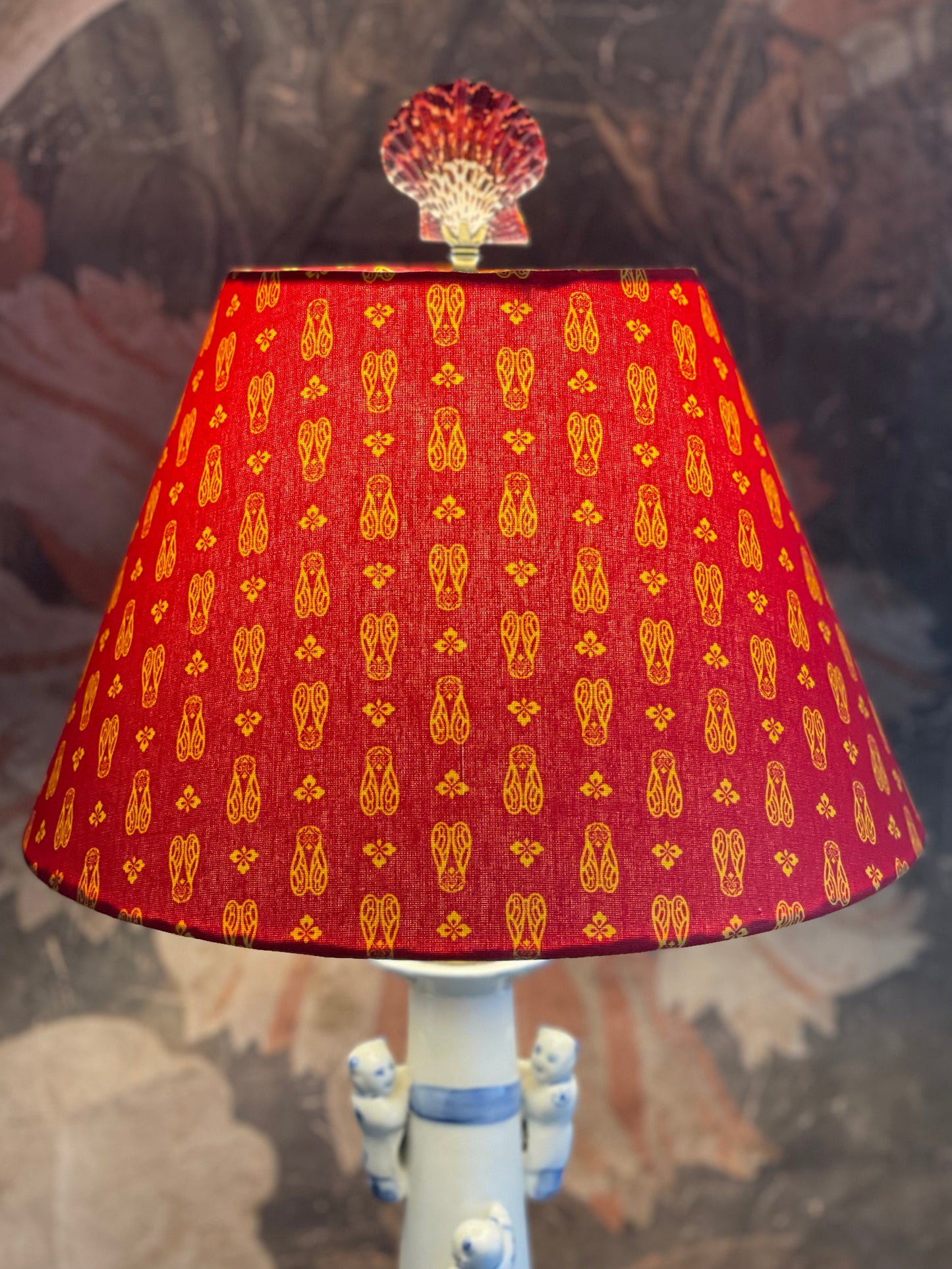 Small Conical Lampshade. Darling Provençal "Cicada" print in Tomato Red and Yellow/Orange.