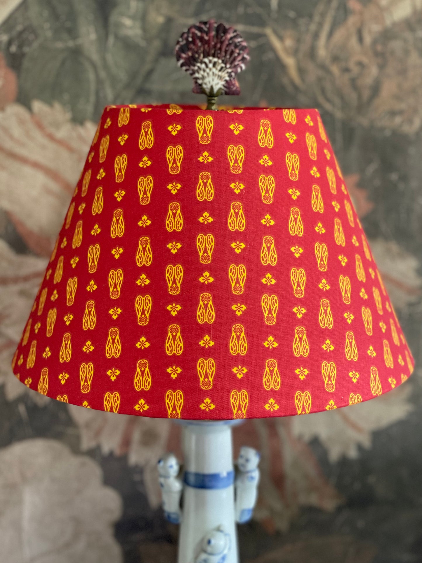 Small Conical Lampshade. Darling Provençal "Cicada" print in Tomato Red and Yellow/Orange.