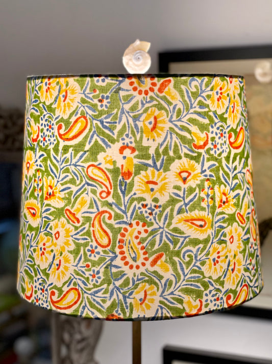 Medium Empire Lampshade. Indian Hand Block Print. Apple Green, Bright Yellow, Red and Steely Blue Floral.