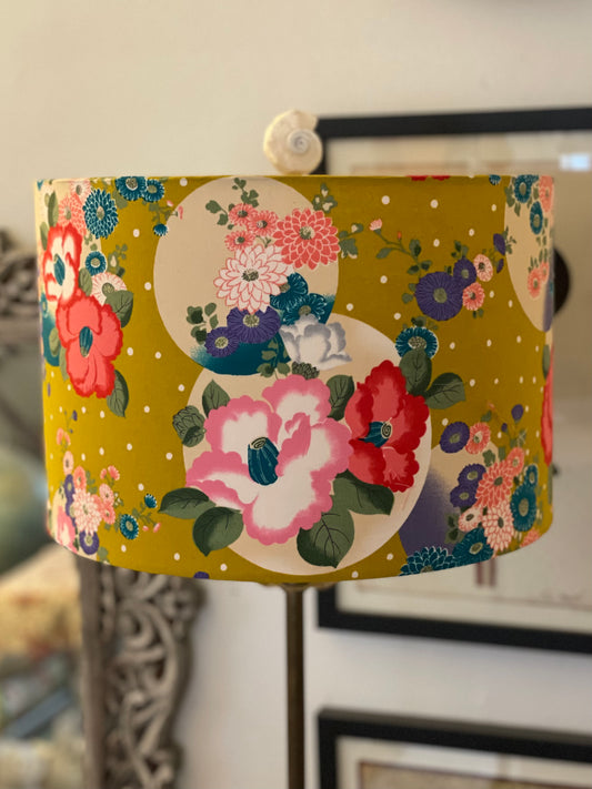 12 Inch Drum Shade. Japanese Poplin. Multicolored Floral and Dot Motif on Harvest Gold.