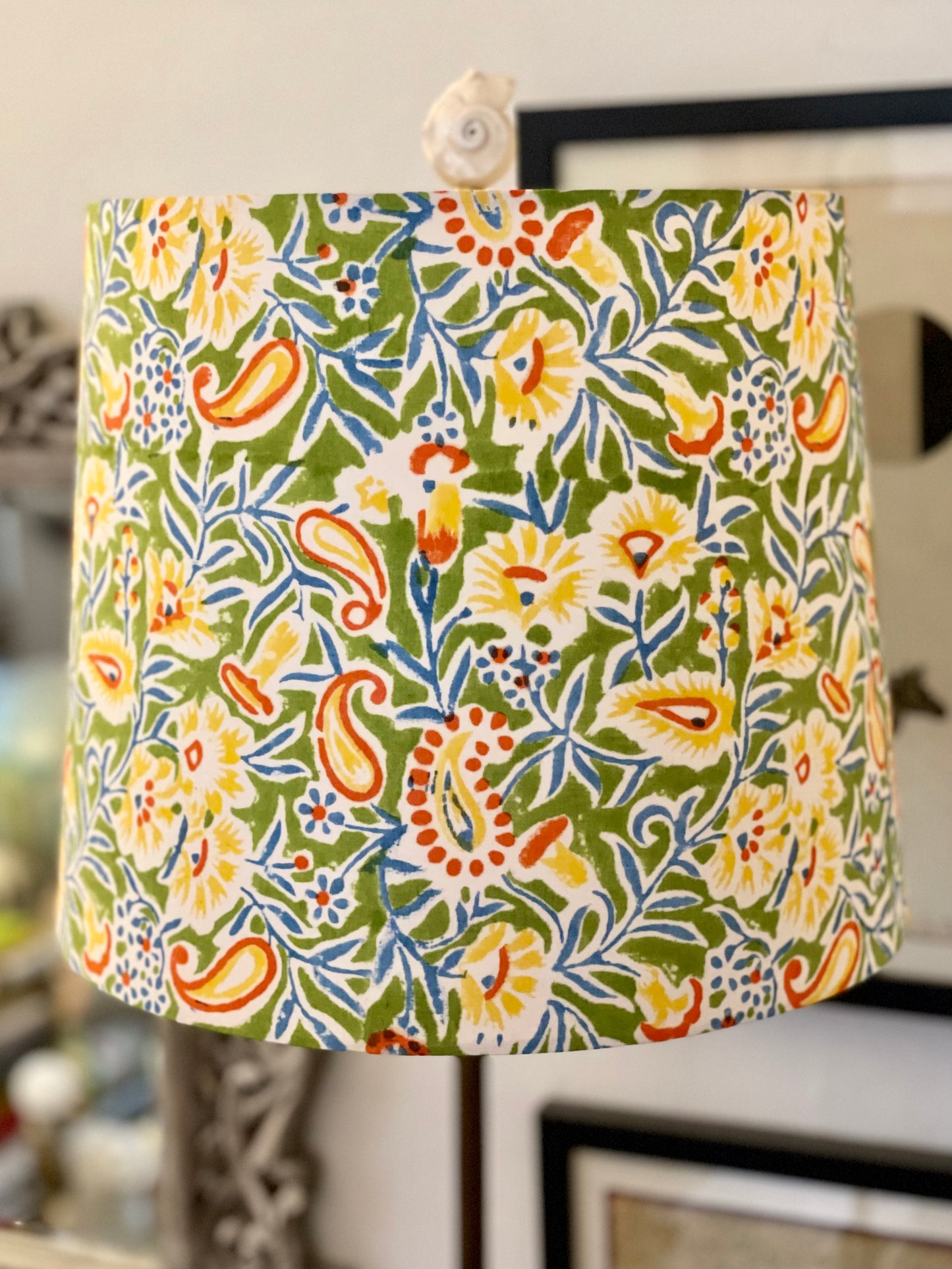 Medium Empire Lampshade. Indian Hand Block Print. Apple Green, Bright Yellow, Red and Steely Blue Floral.