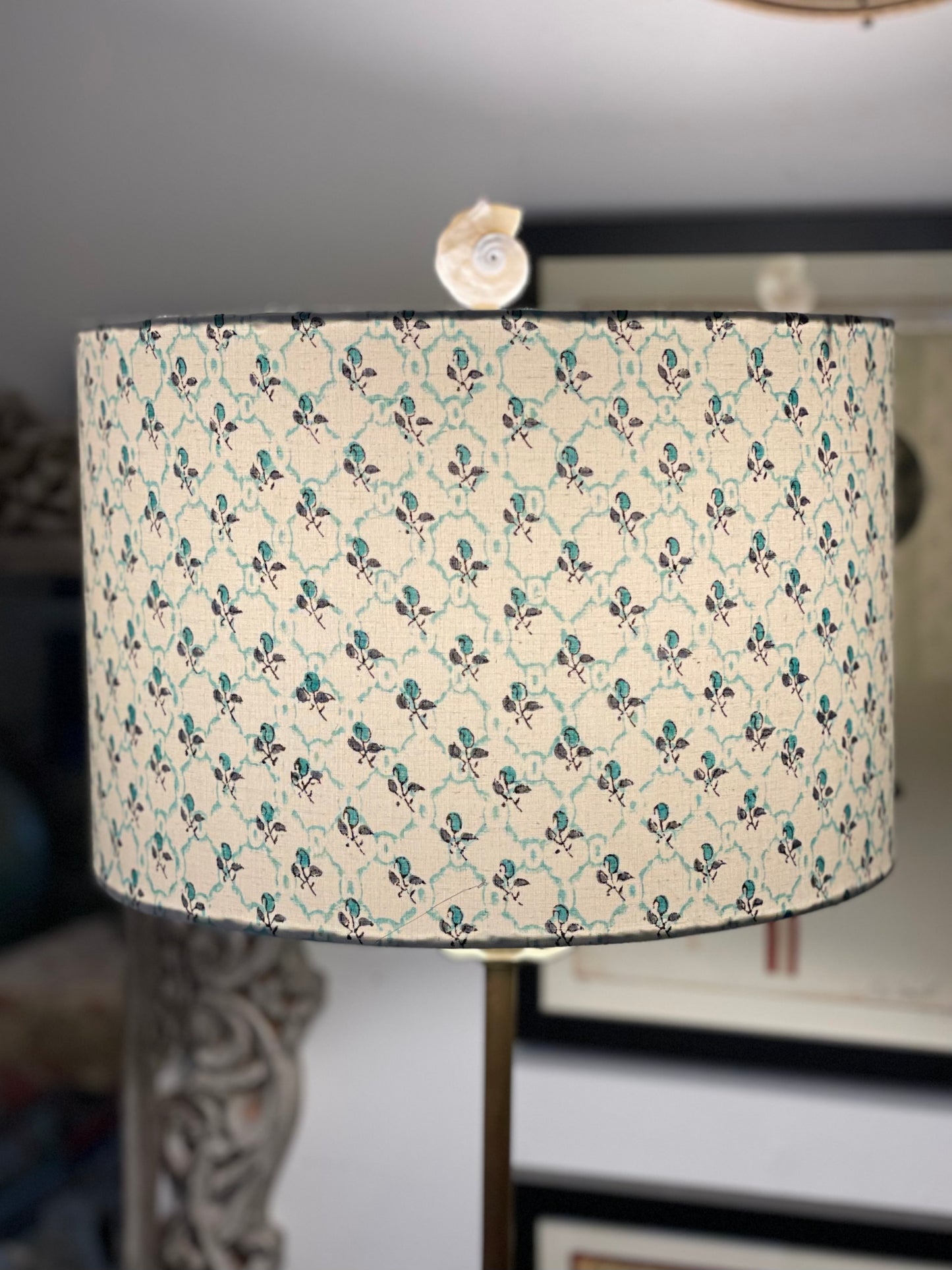 12 Inch Drum Shade. Indian Hand Block Print. Pretty Teal Lattice and Buta Pattern.