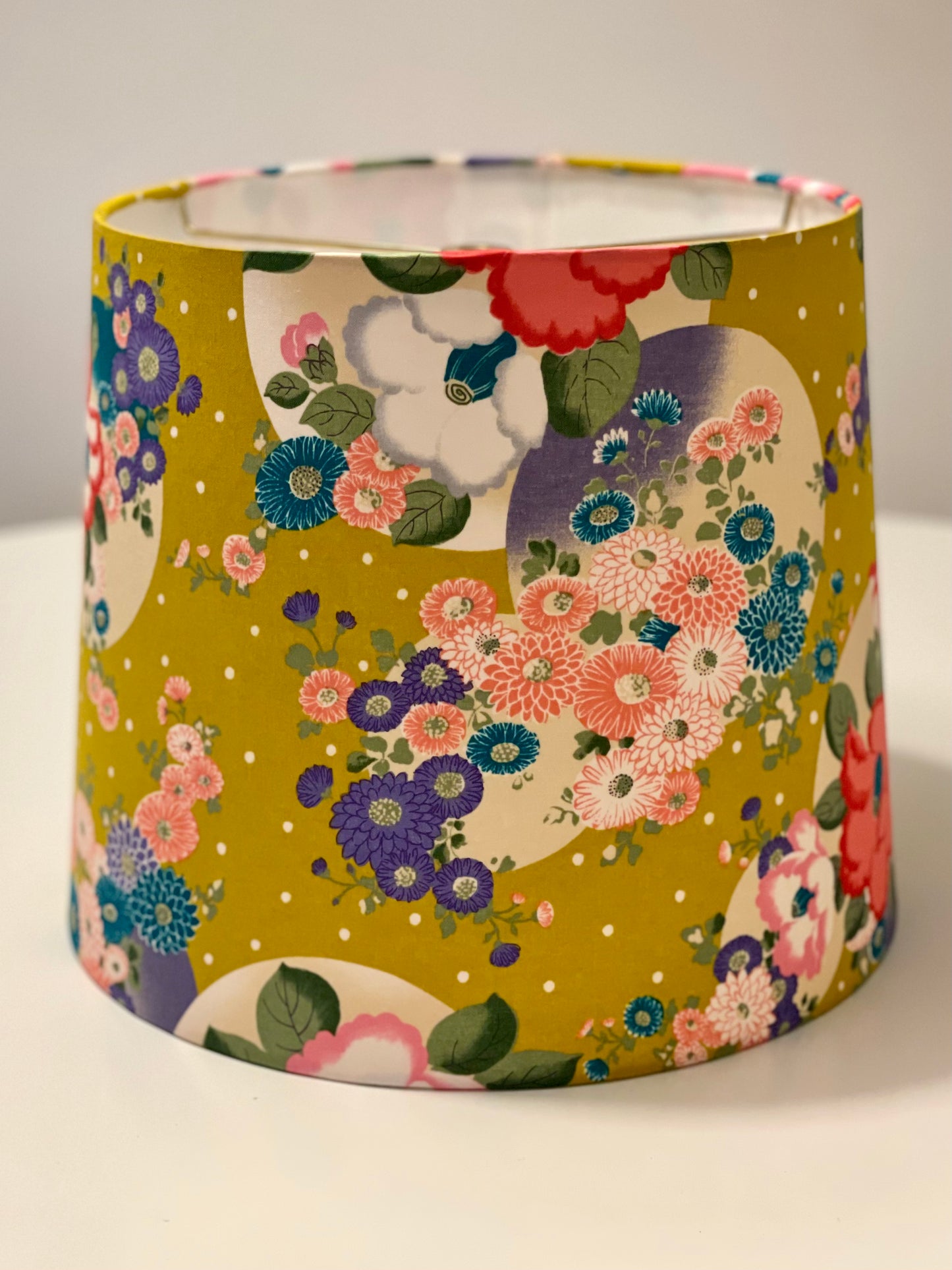 Medium Empire Lampshade. Japanese Poplin. Multicolored Floral and Dot Motif on Harvest Gold.