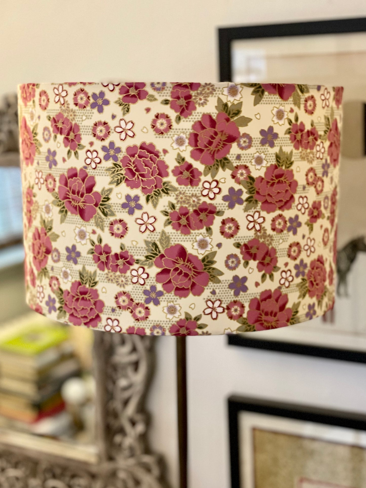 12 Inch Drum Shade. Traditional Japanese Fabric. Mulberry and Lilac Peony Motif on Cream with Gold Accents.