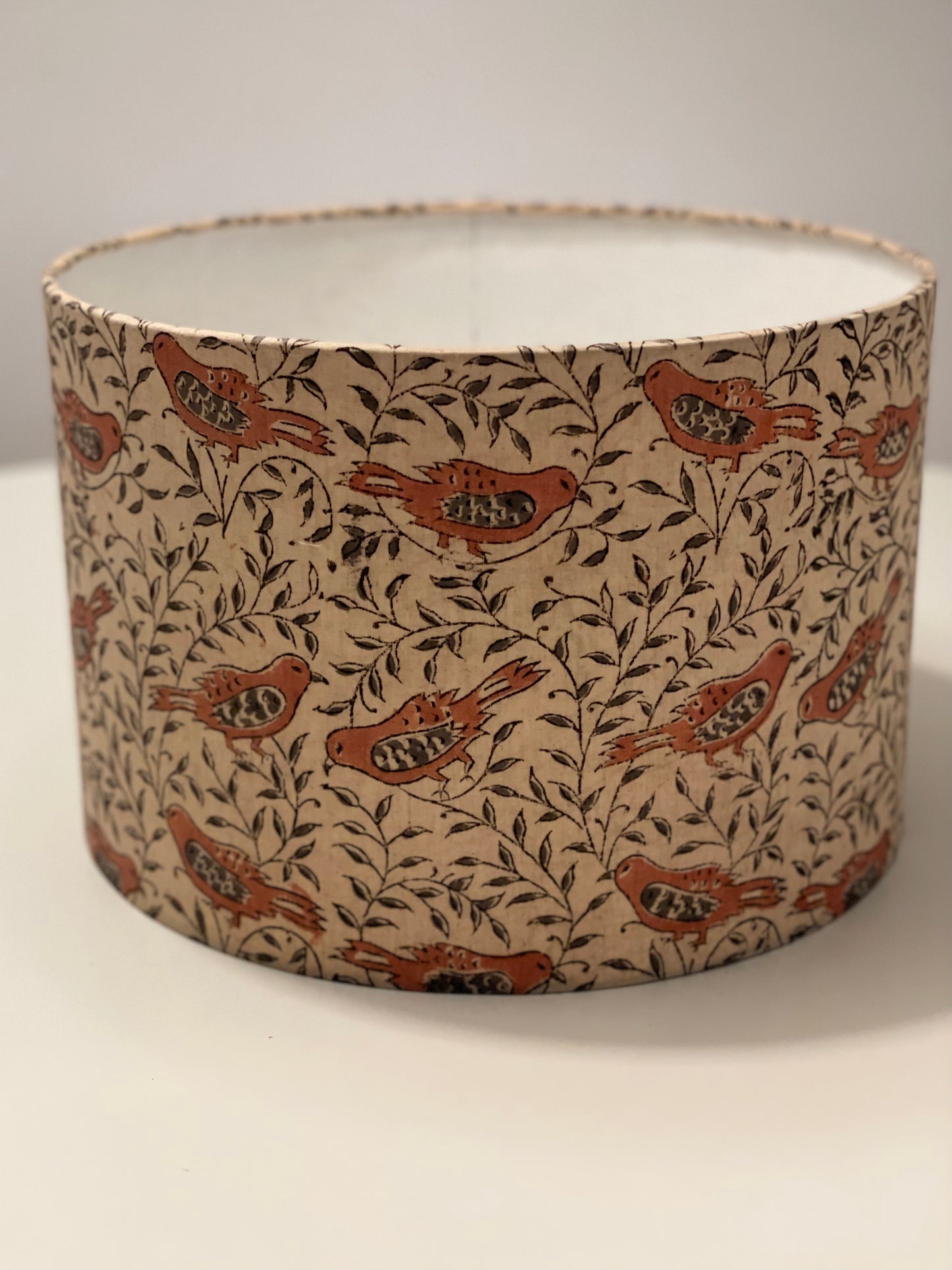 12 Inch Drum Shade. Parchment, with Light Tuscan Red and Greyish-Green Bird Motif. Kalamkari Hand Block Print.