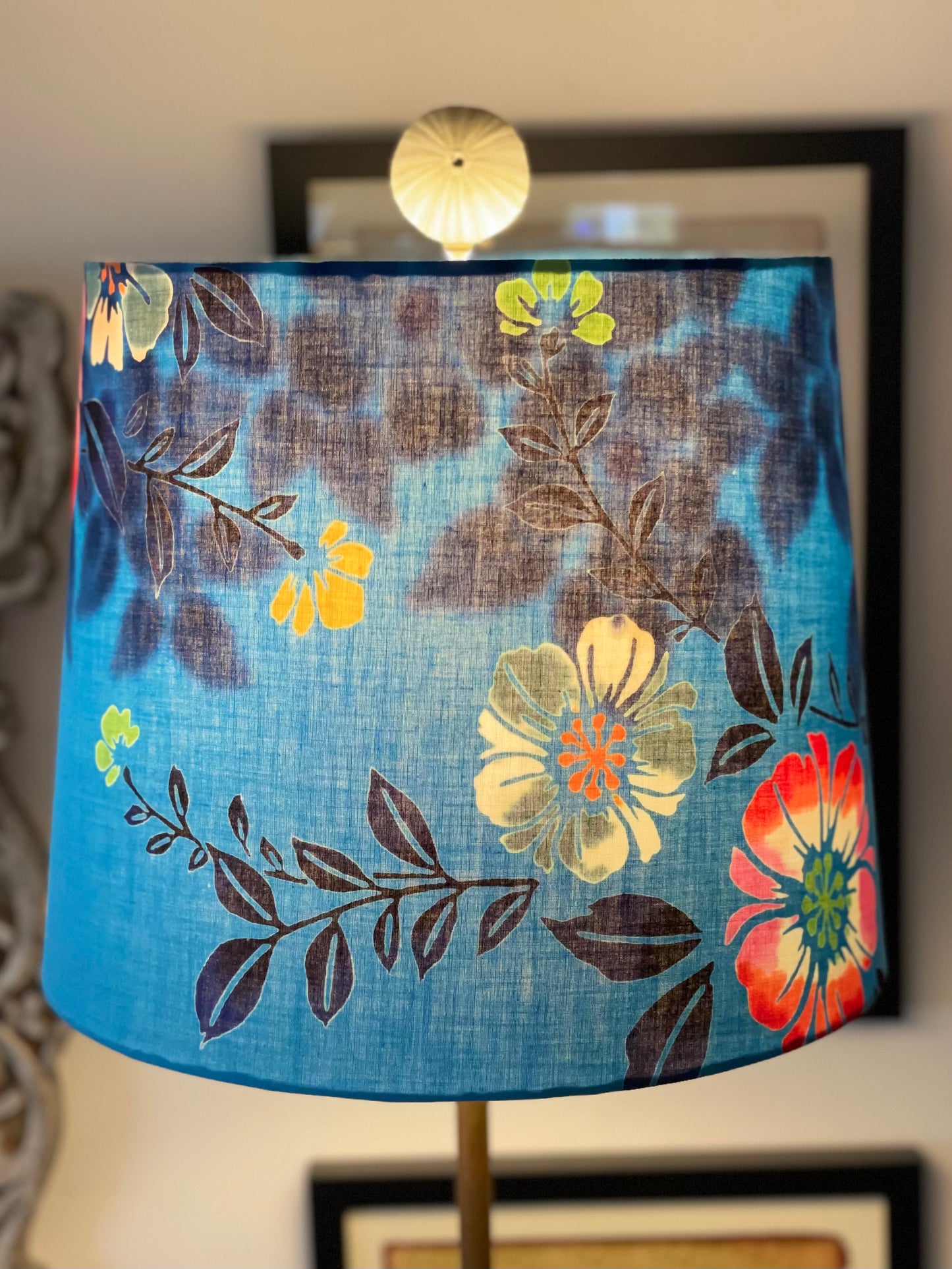 Medium Empire Lampshade. Vintage Summer Kimono "Yukata" Fabric from Japan. Bright Teal Blue with Multicolored Floral.