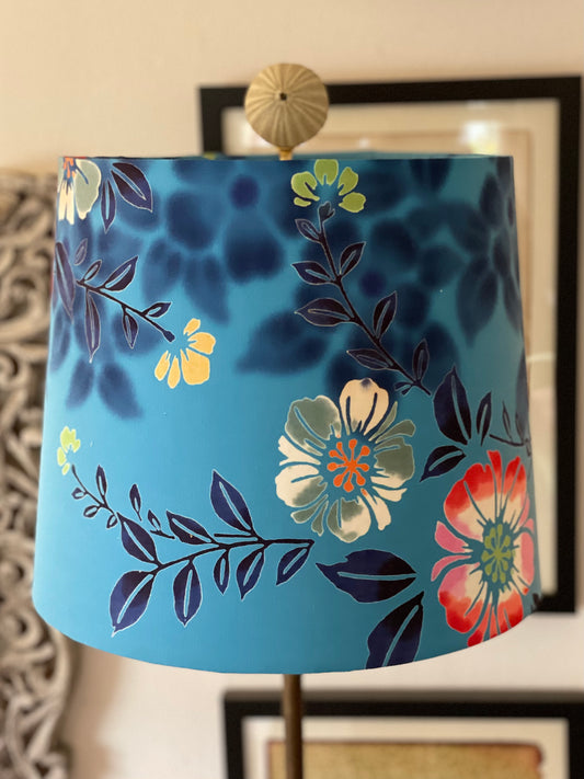 Medium Empire Lampshade. Vintage Summer Kimono "Yukata" Fabric from Japan. Bright Teal Blue with Multicolored Floral.