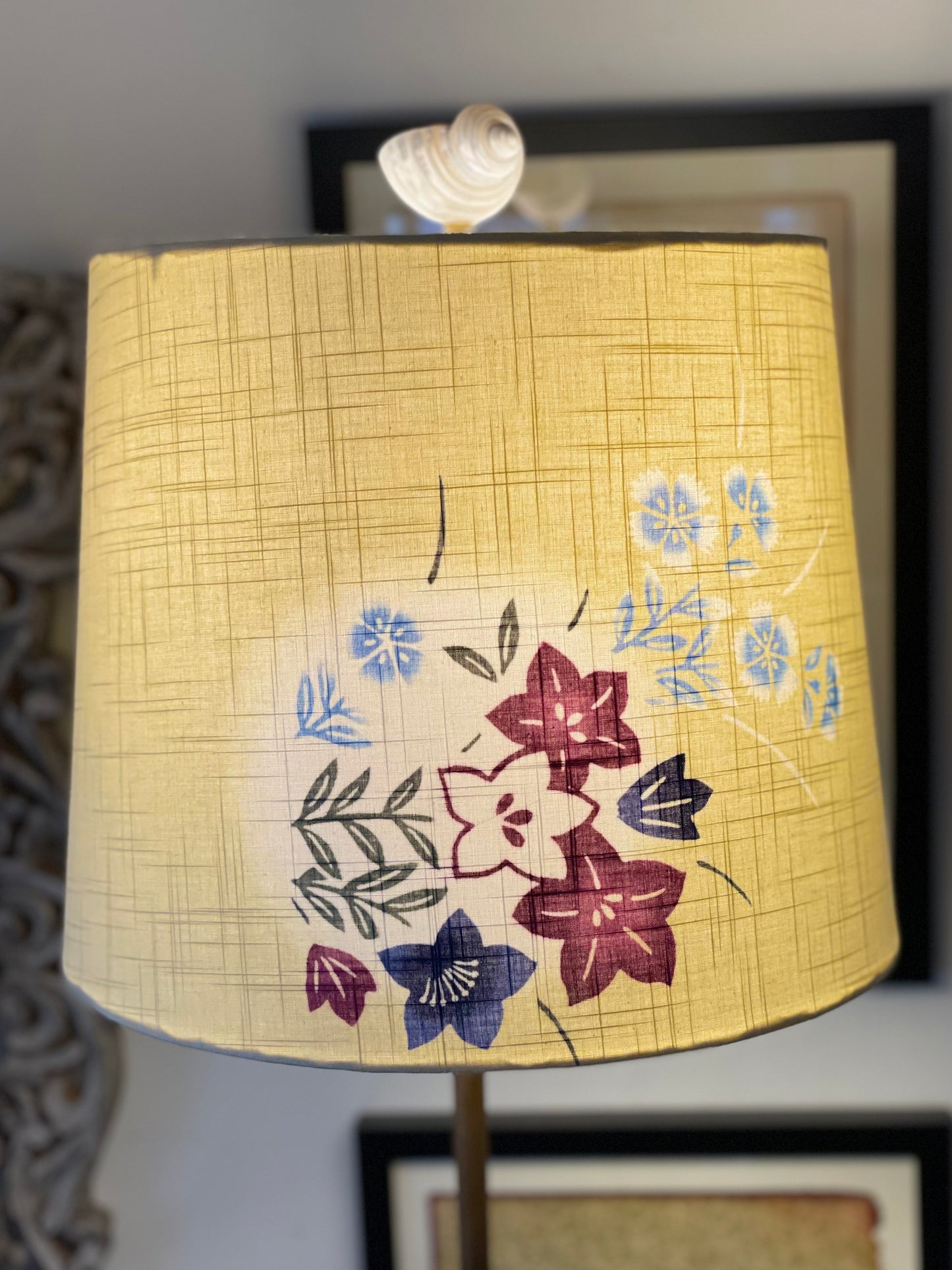 Medium Empire Lampshade. Vintage Summer Kimono "Yukata" Fabric from Japan. Pale Yellow with Pastel Blue, Maroon, and Navy Floral.
