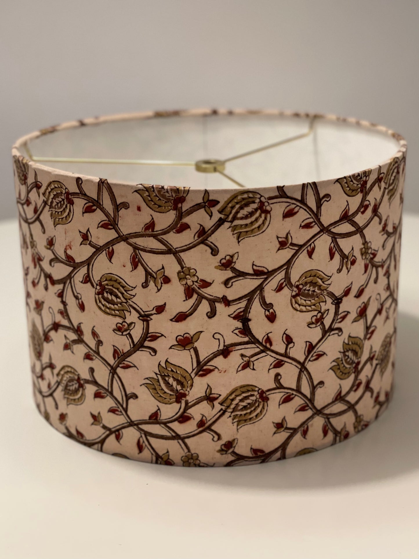 12 Inch Drum Shade. Indian Kalamkari Hand Block Print. Shades of Russet, Ochre, and Coffee, on Fawn.