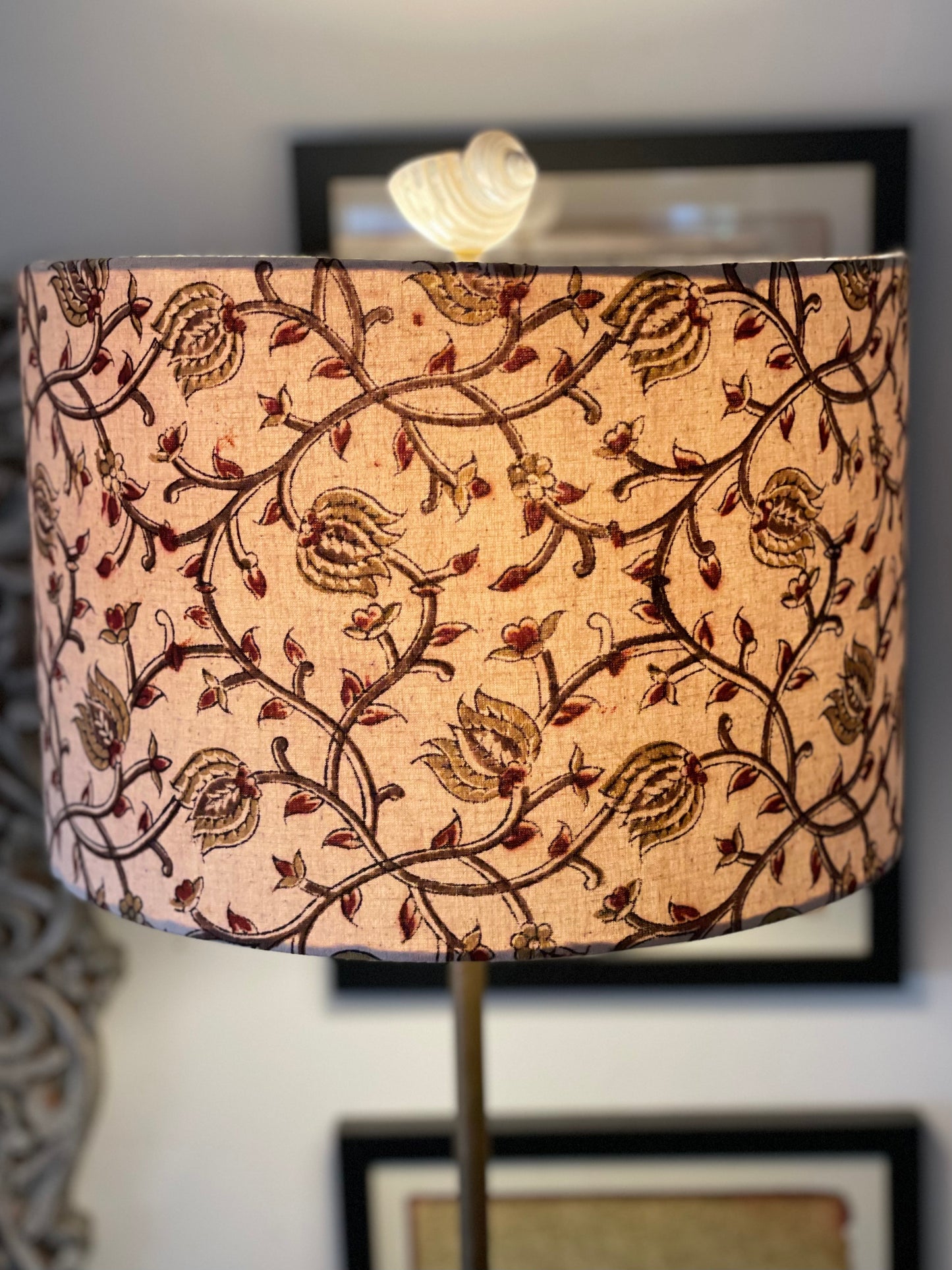 12 Inch Drum Shade. Indian Kalamkari Hand Block Print. Shades of Russet, Ochre, and Coffee, on Fawn.