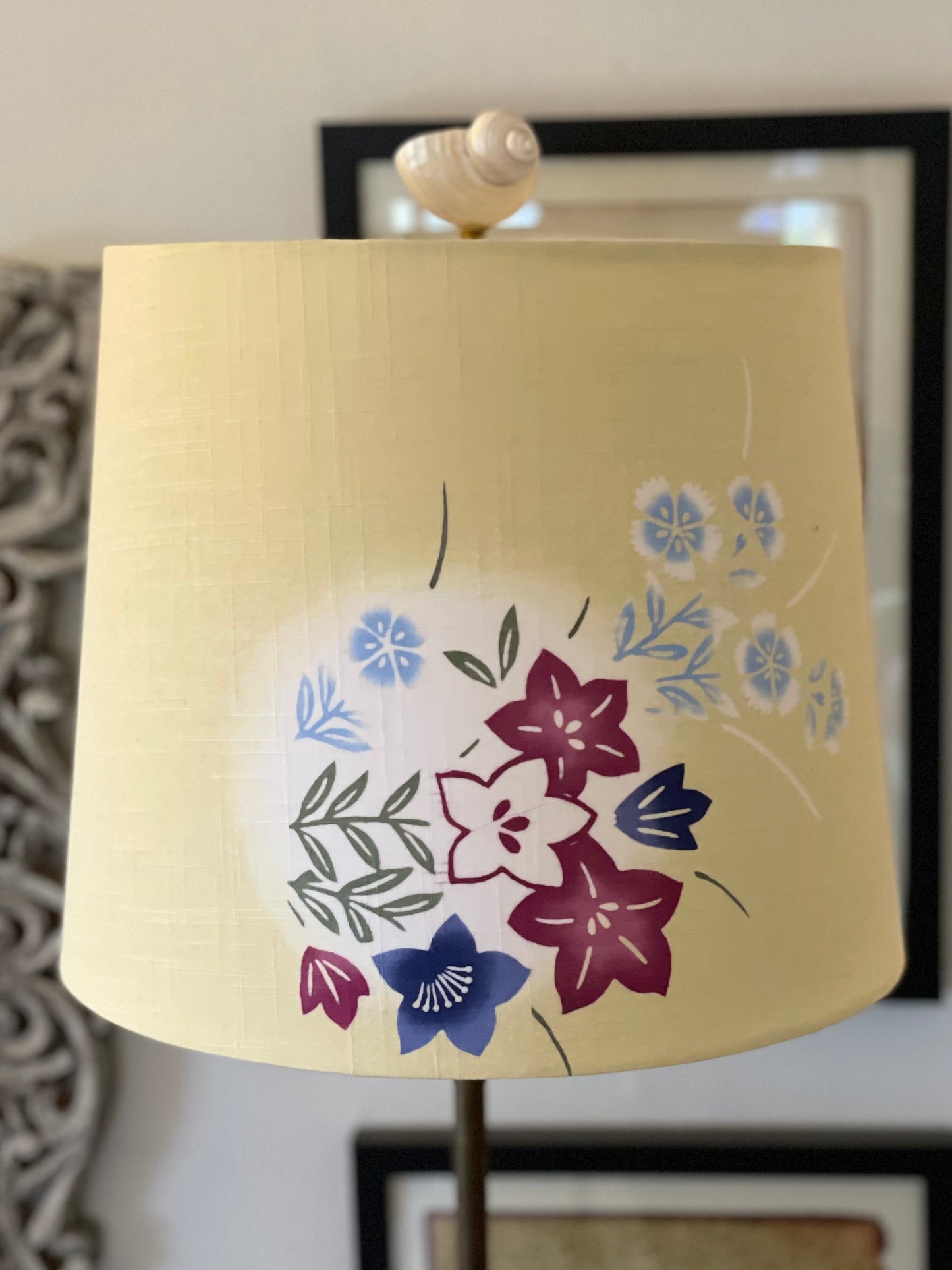 Medium Empire Lampshade. Vintage Summer Kimono "Yukata" Fabric from Japan. Pale Yellow with Pastel Blue, Maroon, and Navy Floral.