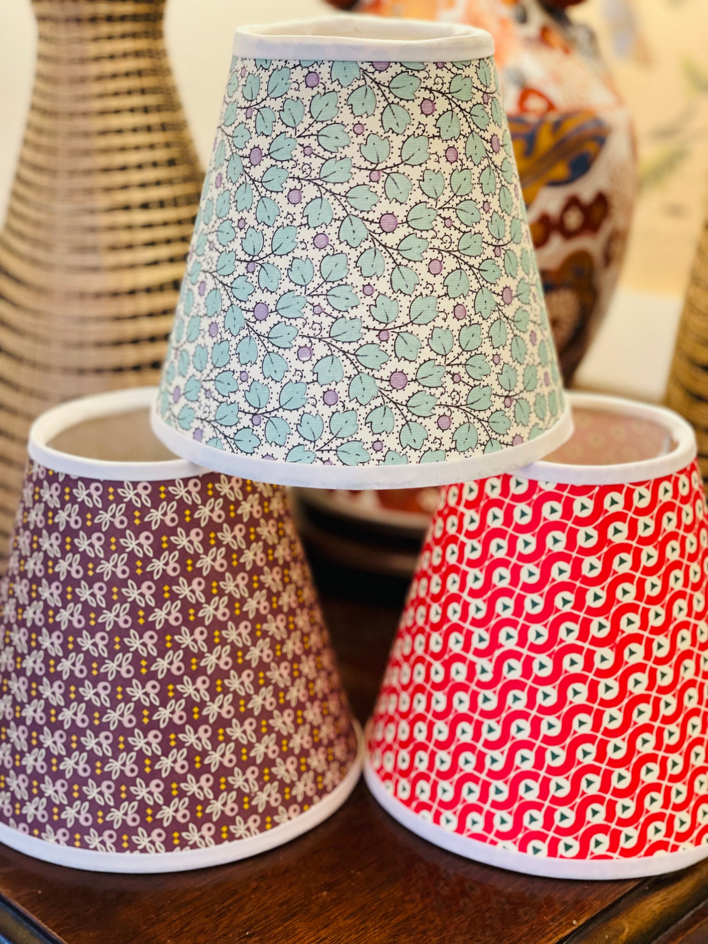 Small Clip-On Lampshade. Patterned Paper from Italy. Brown with Mauve Floral. White Trim.