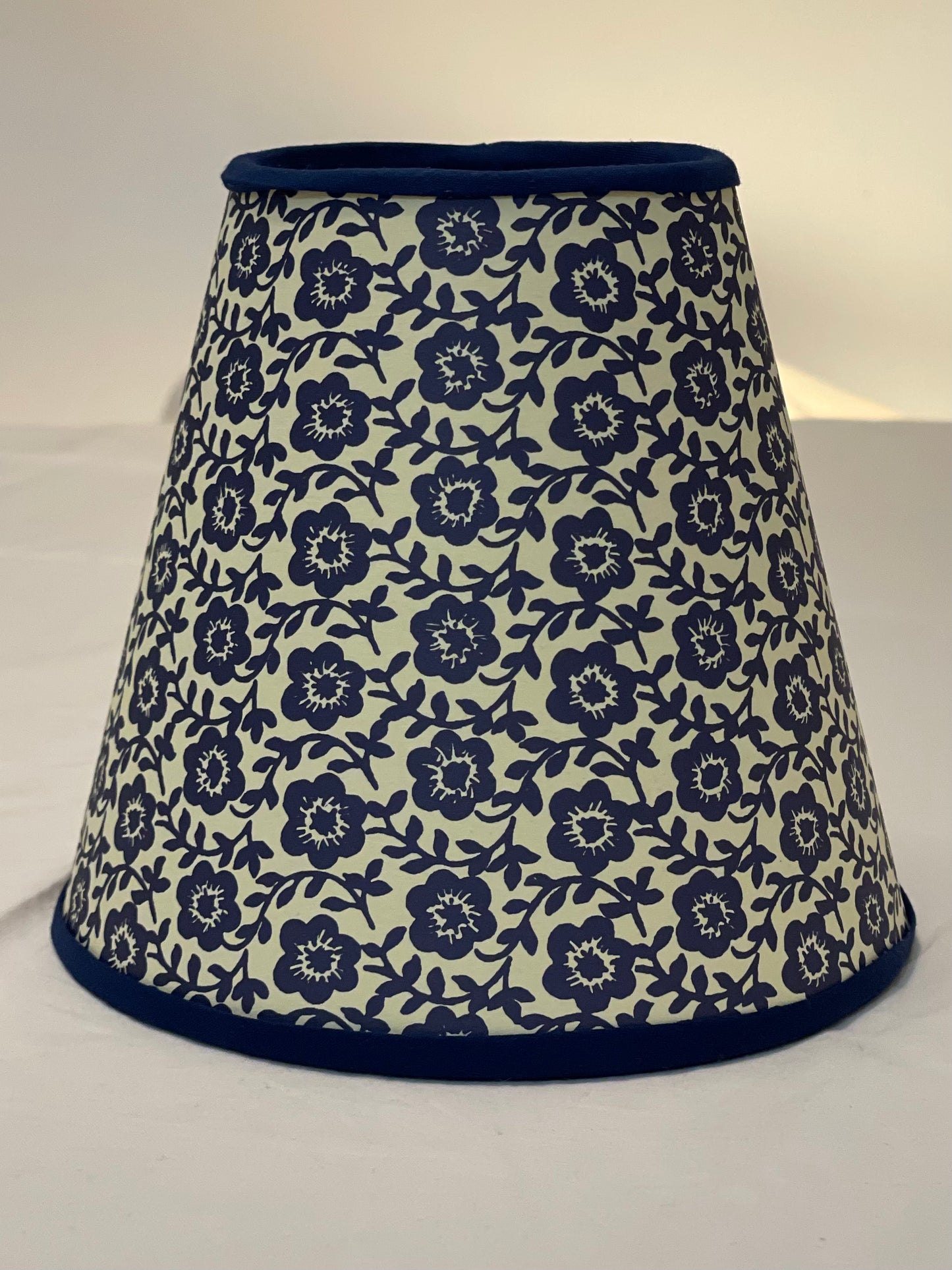 Small Clip-On Lampshade. Patterned Paper from Italy. Navy and Ecru Floral. Navy Trim.
