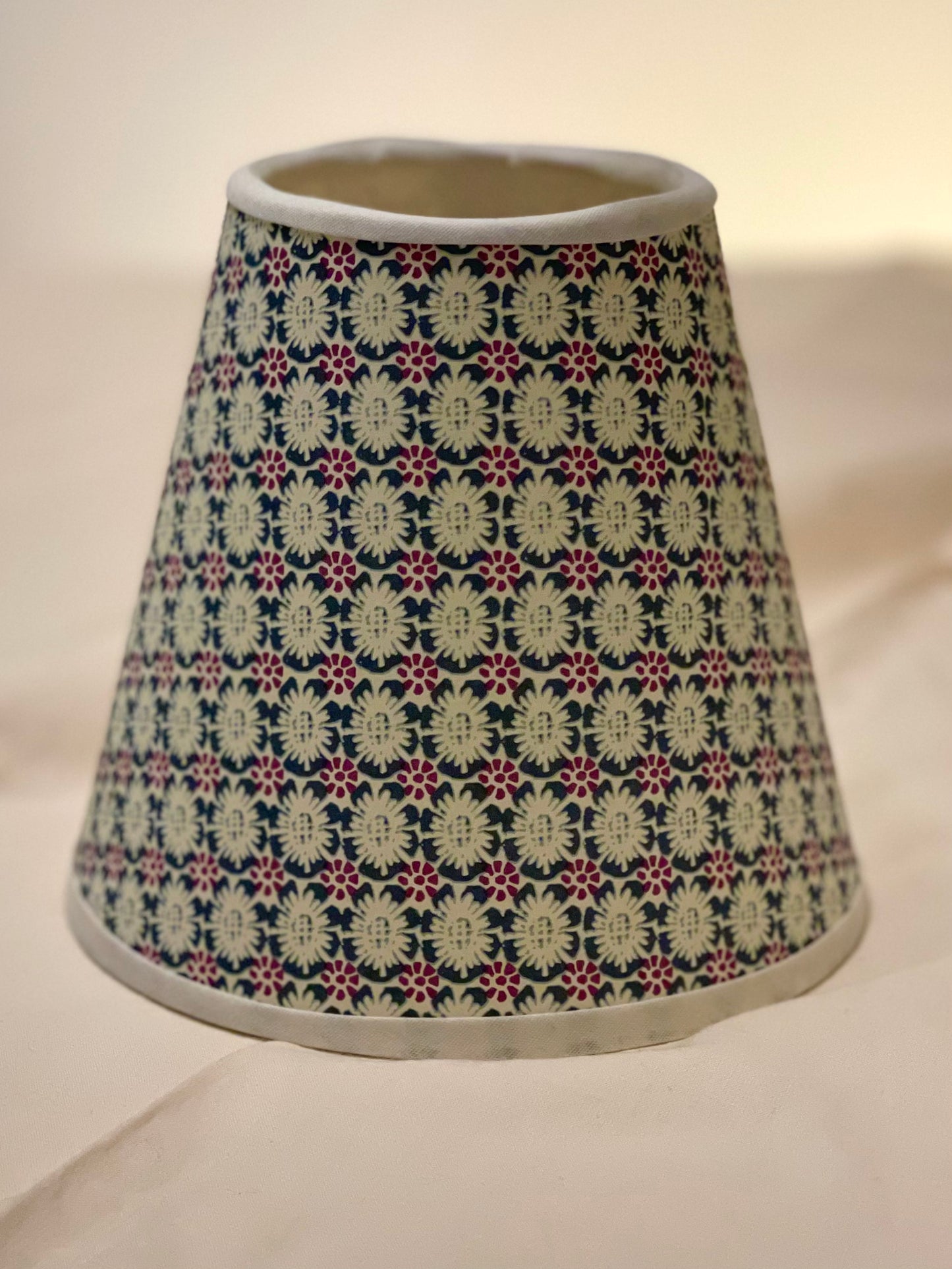 Small Clip-On Lampshade. Patterned Paper from Italy. Purple,Teal, and Palest Blue Medallion. White Trim.
