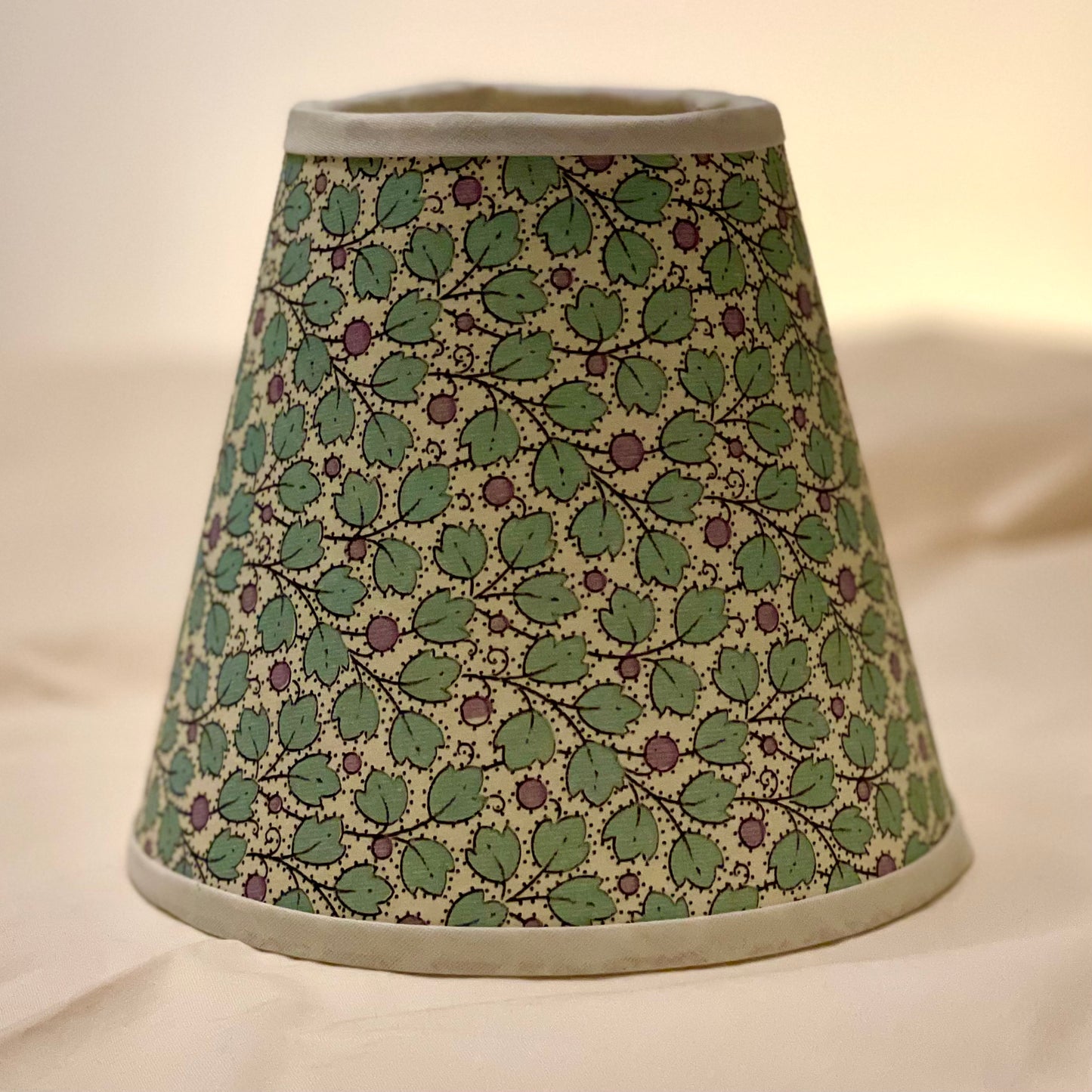 Small Clip-On Lampshade. Patterned Paper from Italy. Lilac Berry and Minty Green Leaf. White Trim.
