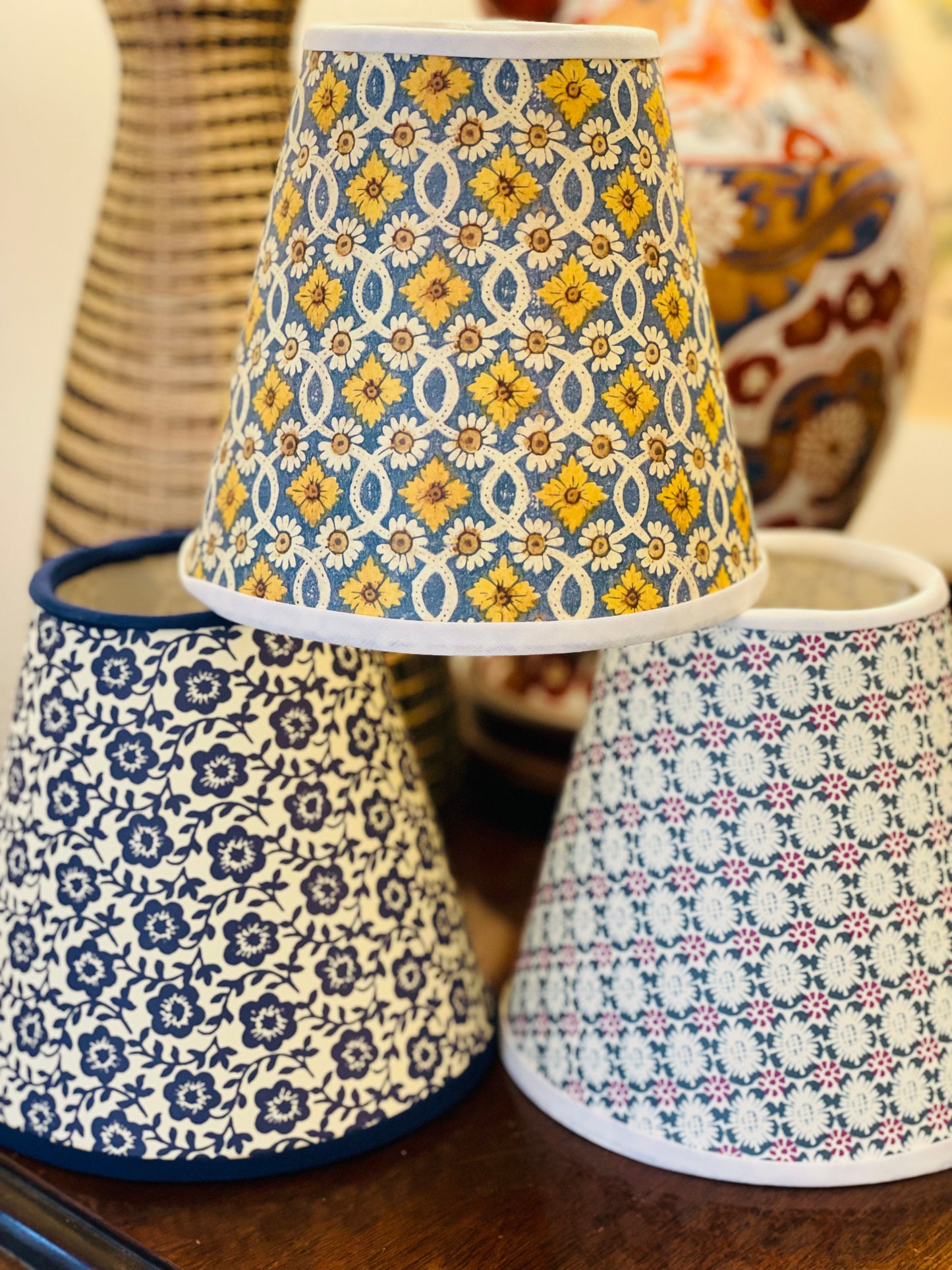 Small Clip-On Lampshade. Patterned Paper from Italy. Blue and Yellow with Daisy. White Trim.