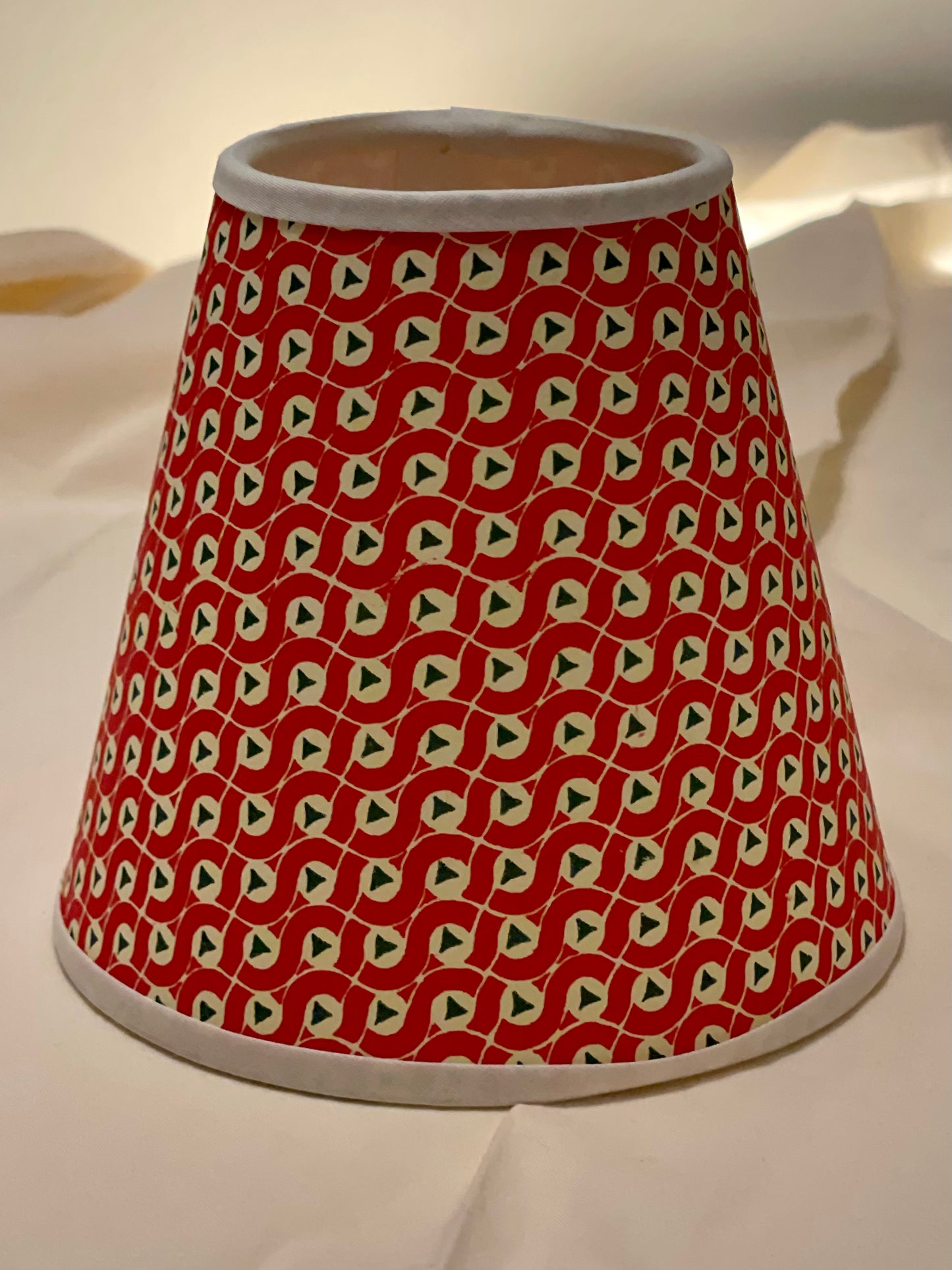 Small Clip-On Lampshade. Patterned Paper from Italy. Red and Forest Geo Pattern. White Trim.