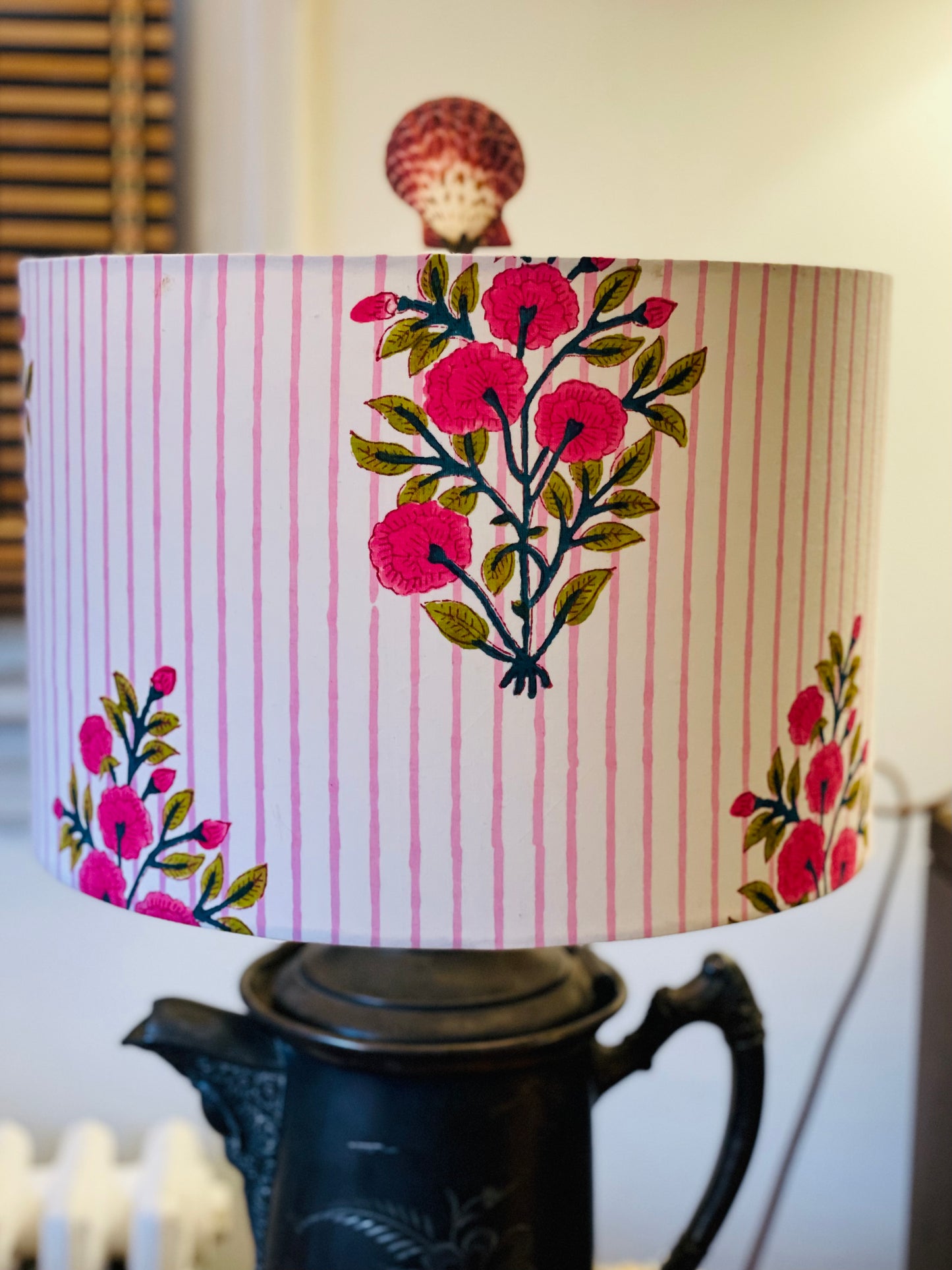 12 Inch Drum Shade. Indian Block print from Jaipur. Raspberry Rose, Green, Deep Teal Floral and Faded Pink Stripe.