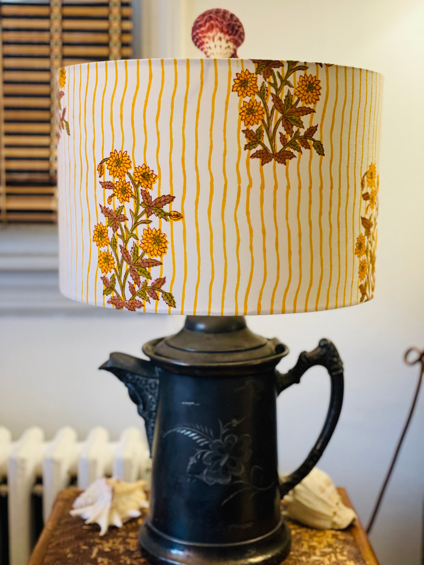 12 Inch Drum Shade. Indian Block print from Jaipur. Harvest Gold, Ginger, and Olive Floral Stripe.