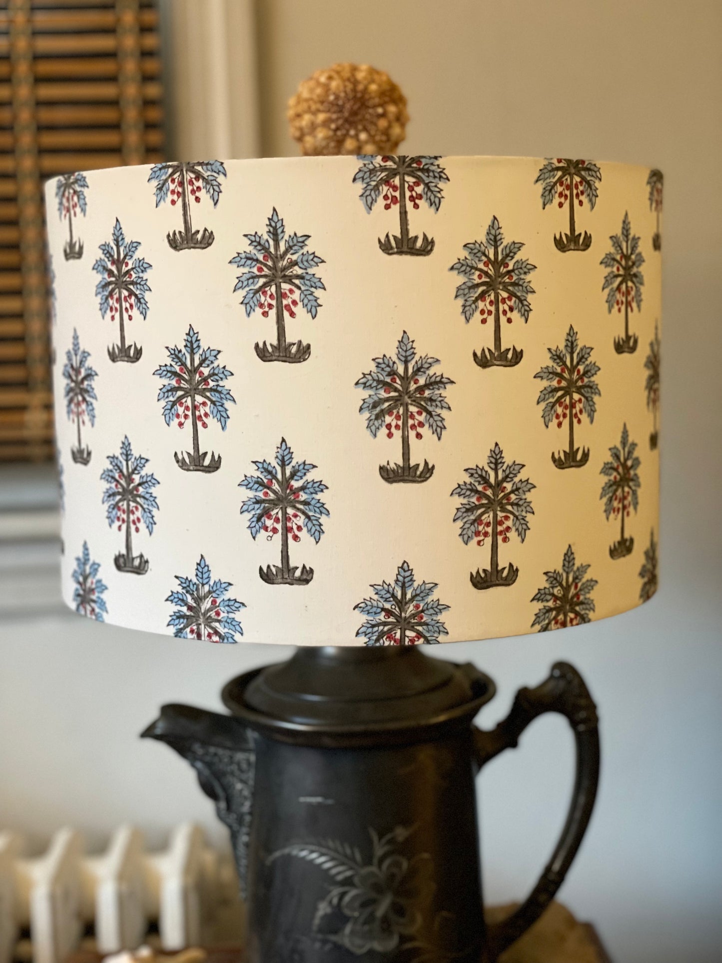 12 Inch Drum Shade. Indian Block print from Jaipur. Grey-Blue Tree with Red Fruit Motif on Eggshell White.