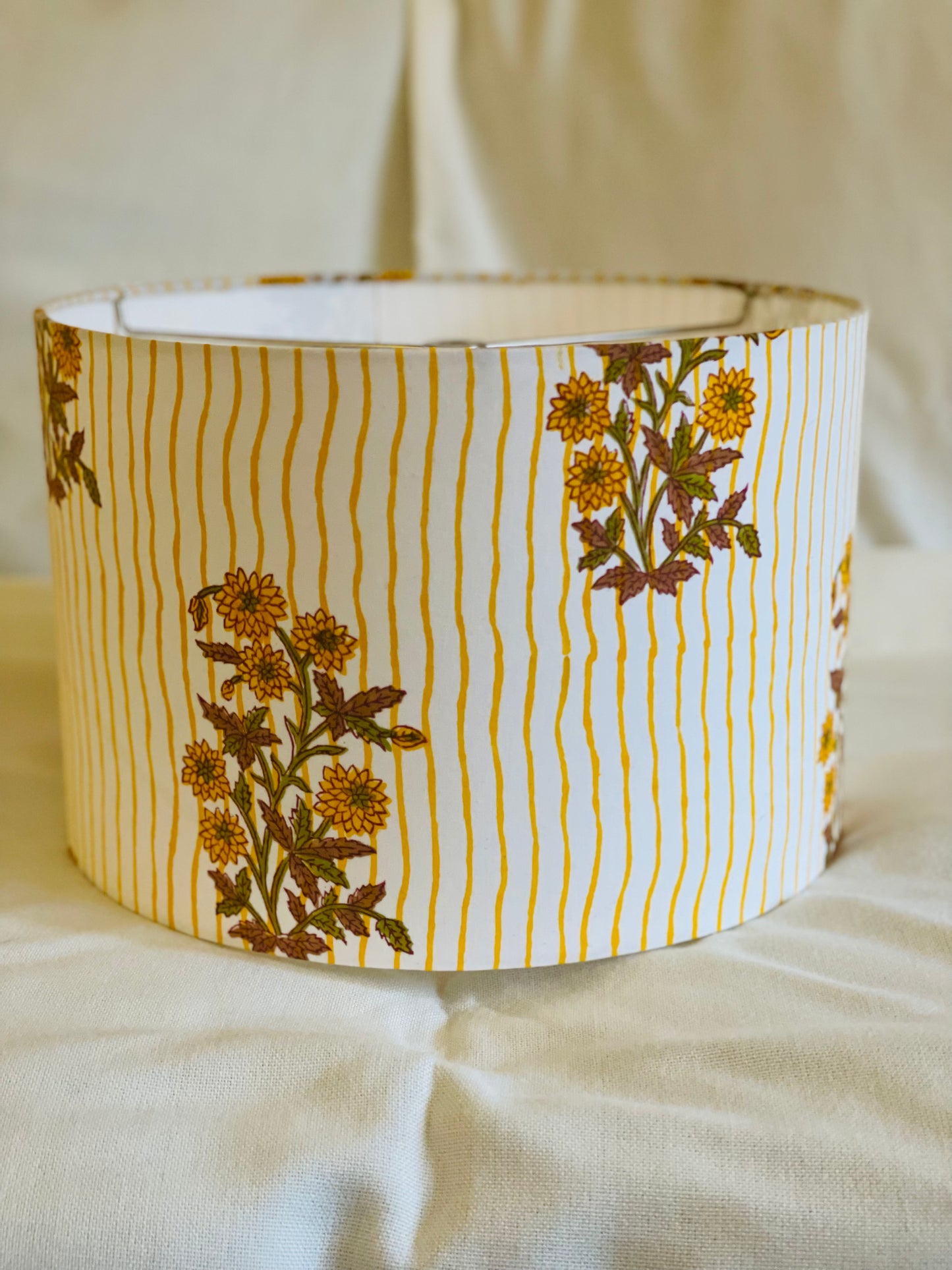 12 Inch Drum Shade. Indian Block print from Jaipur. Harvest Gold, Ginger, and Olive Floral Stripe.