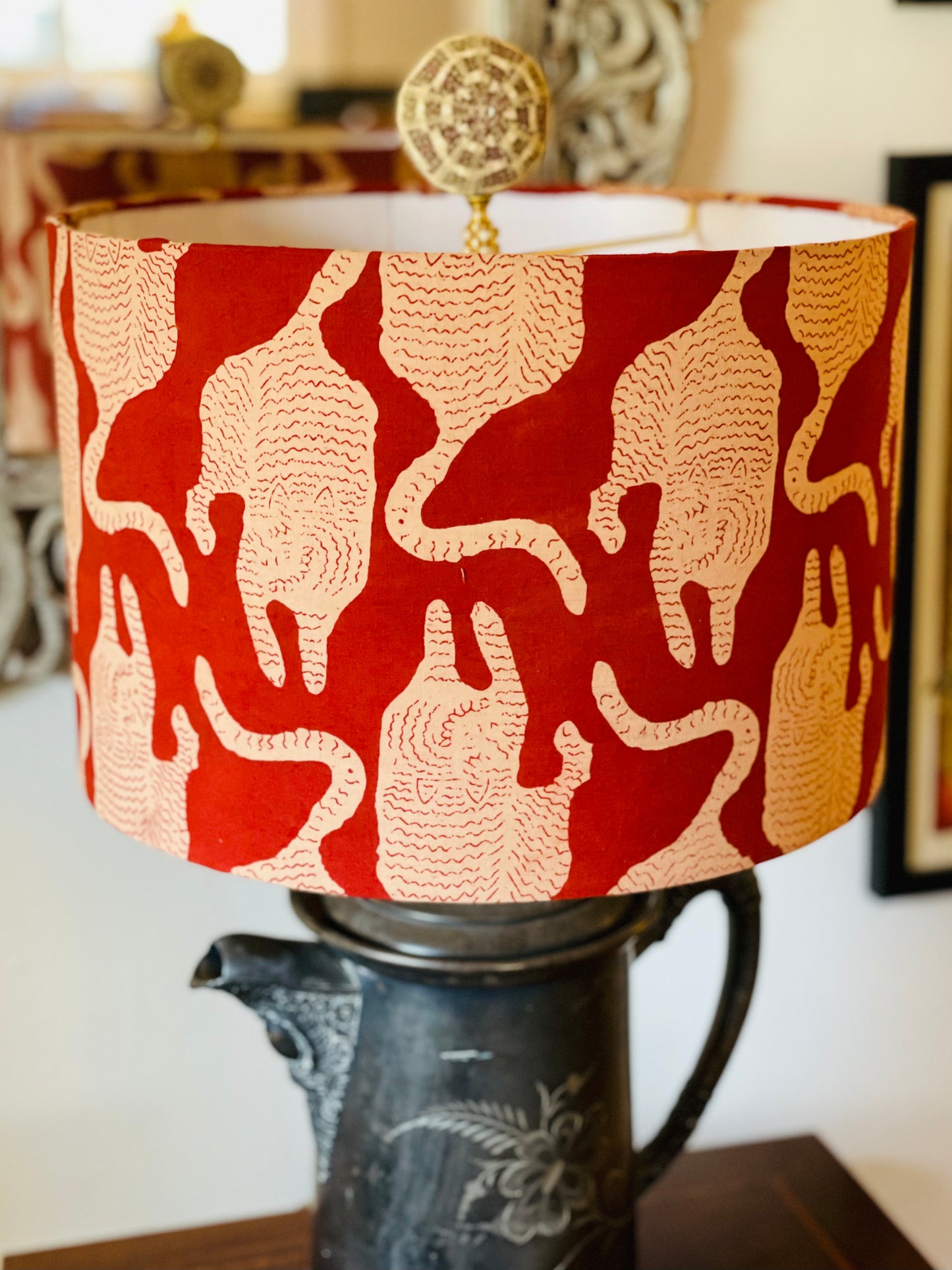 12 Inch Drum Shade. Hand Print from Jaipur. Madder Dyed Abstracted Tigers.