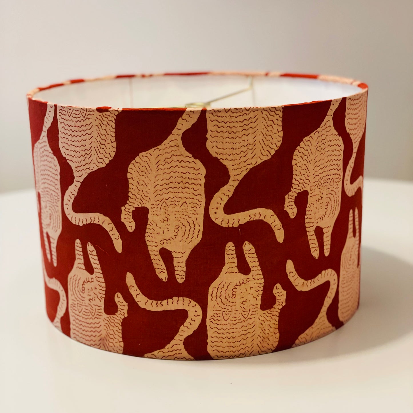 12 Inch Drum Shade. Hand Print from Jaipur. Madder Dyed Abstracted Tigers.