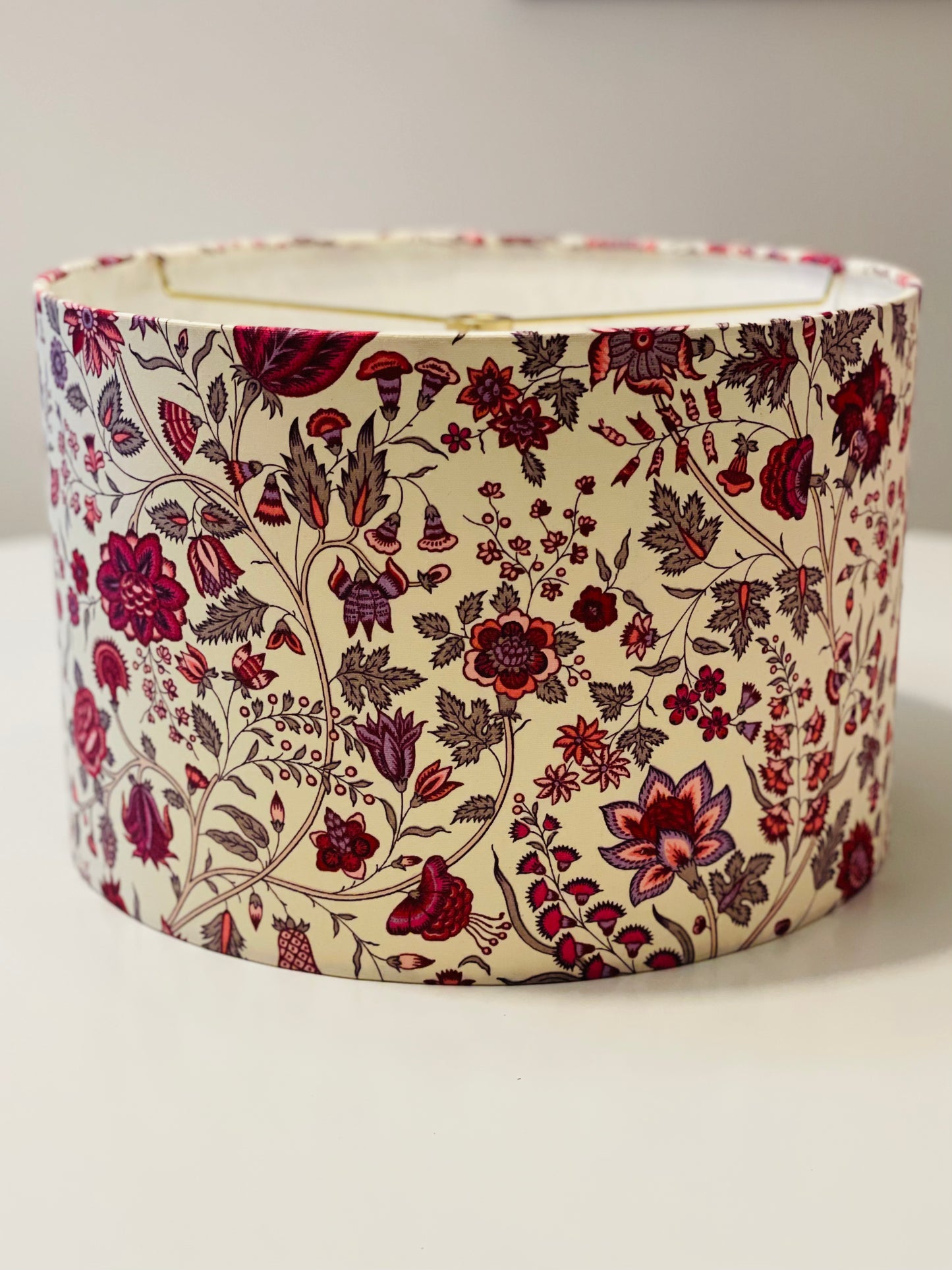 12 Inch Drum Shade. French Jacquard. "Les Indiennes" Shades of Rose on Ecru.