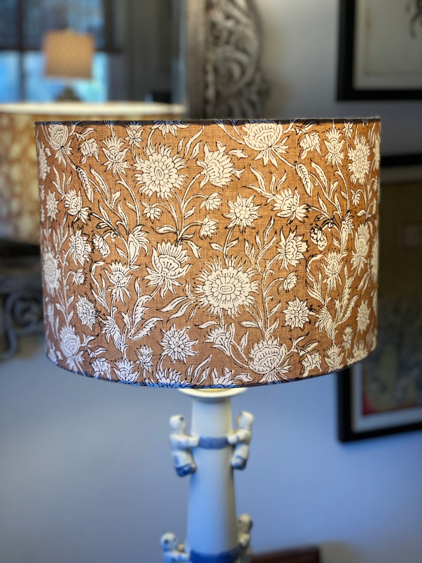 12 Inch Drum Shade. Hand Block Print from Jaipur. Camel and Ivory Floral Motif.