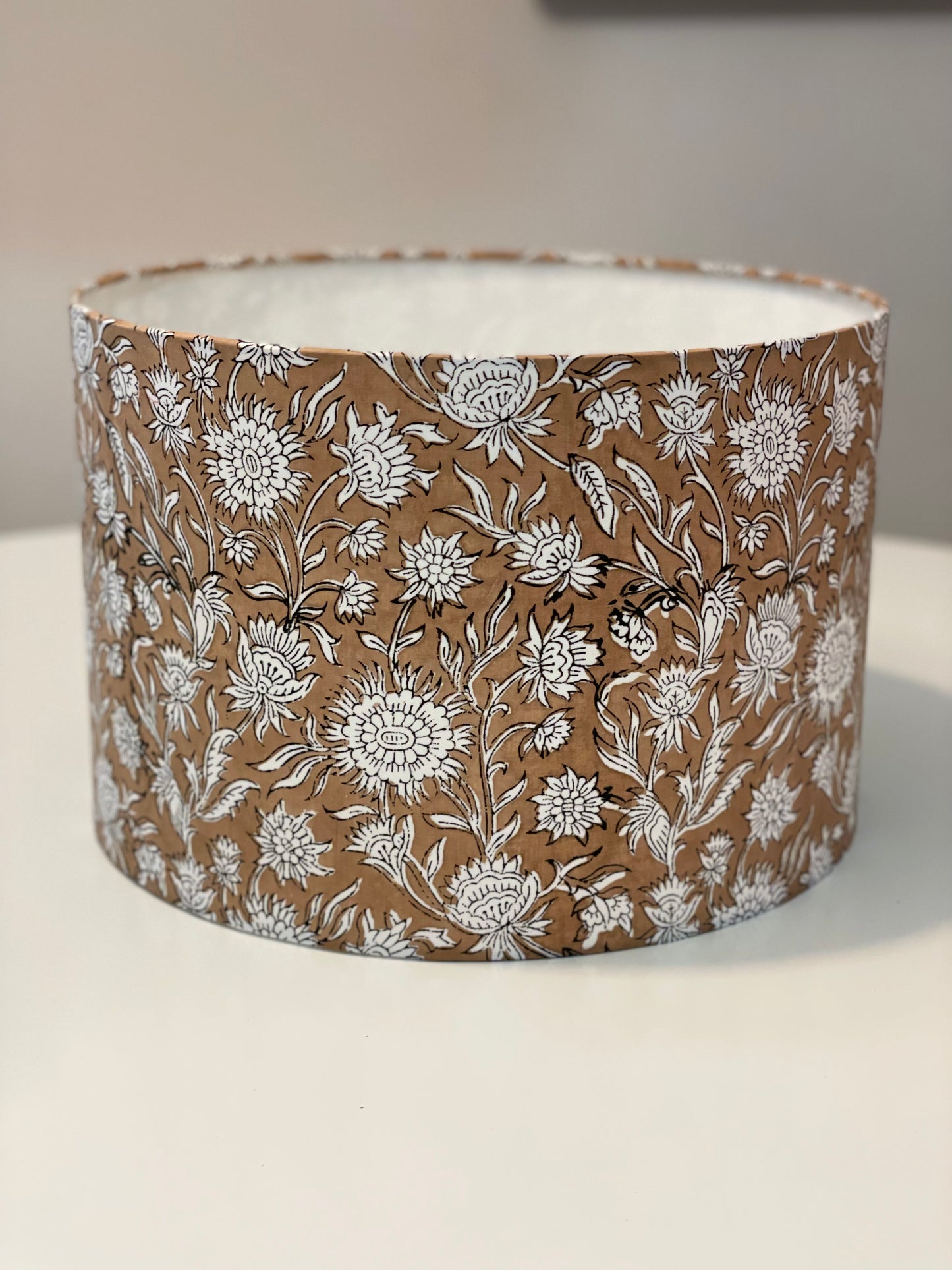 12 Inch Drum Shade. Hand Block Print from Jaipur. Camel and Ivory Floral Motif.