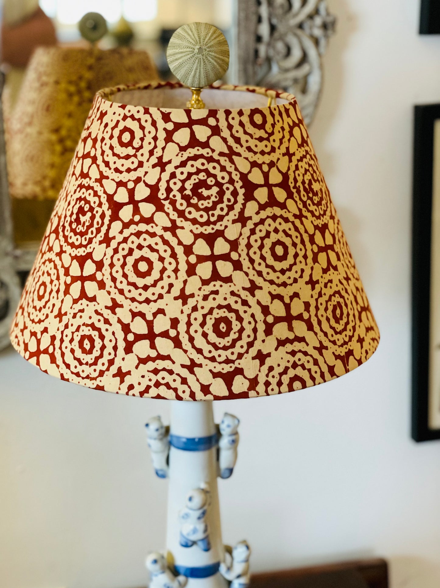 Small Conical Lampshade. Hand Block Print from Jaipur. Madder Dyed Medallion Motif.
