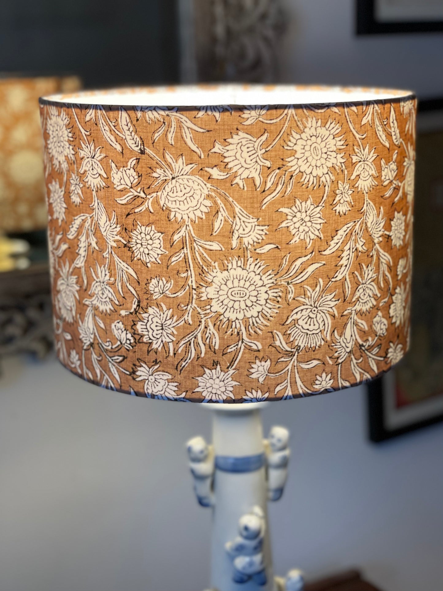 10 inch Drum Lampshade. Hand Block Print from Jaipur. Camel and Ivory Floral Motif.