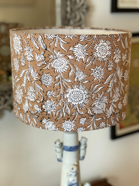 10 inch Drum Lampshade. Hand Block Print from Jaipur. Camel and Ivory Floral Motif.