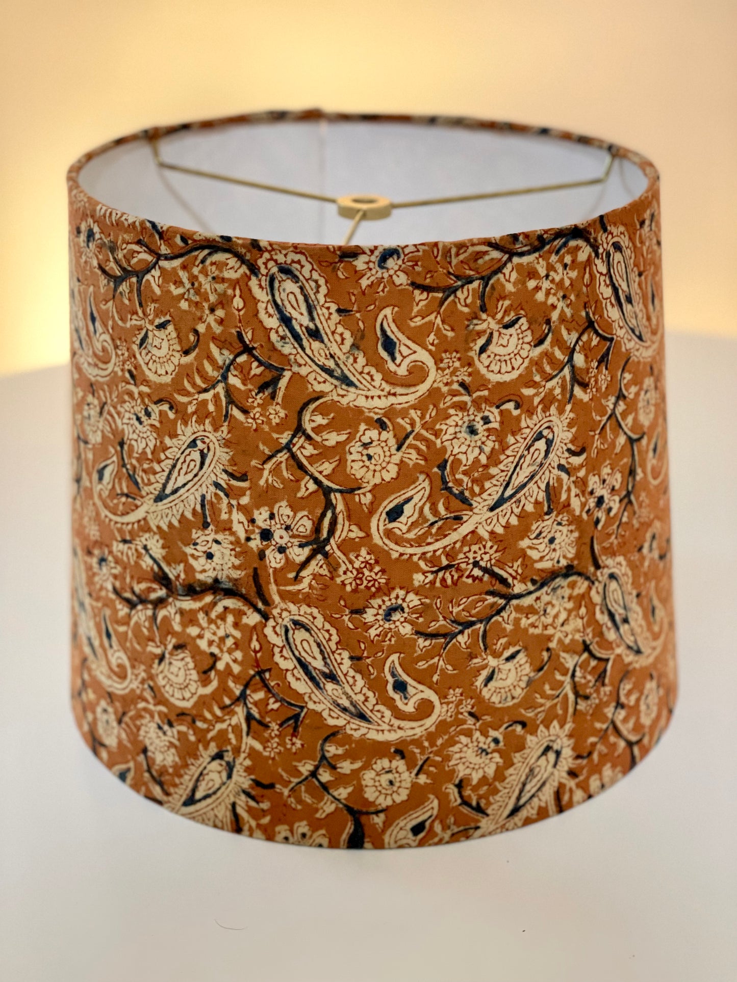 Medium Empire Lampshade. Kalamkari Indian Block Print. Burnt Sienna with Fawn and Smoky Black Paisley.