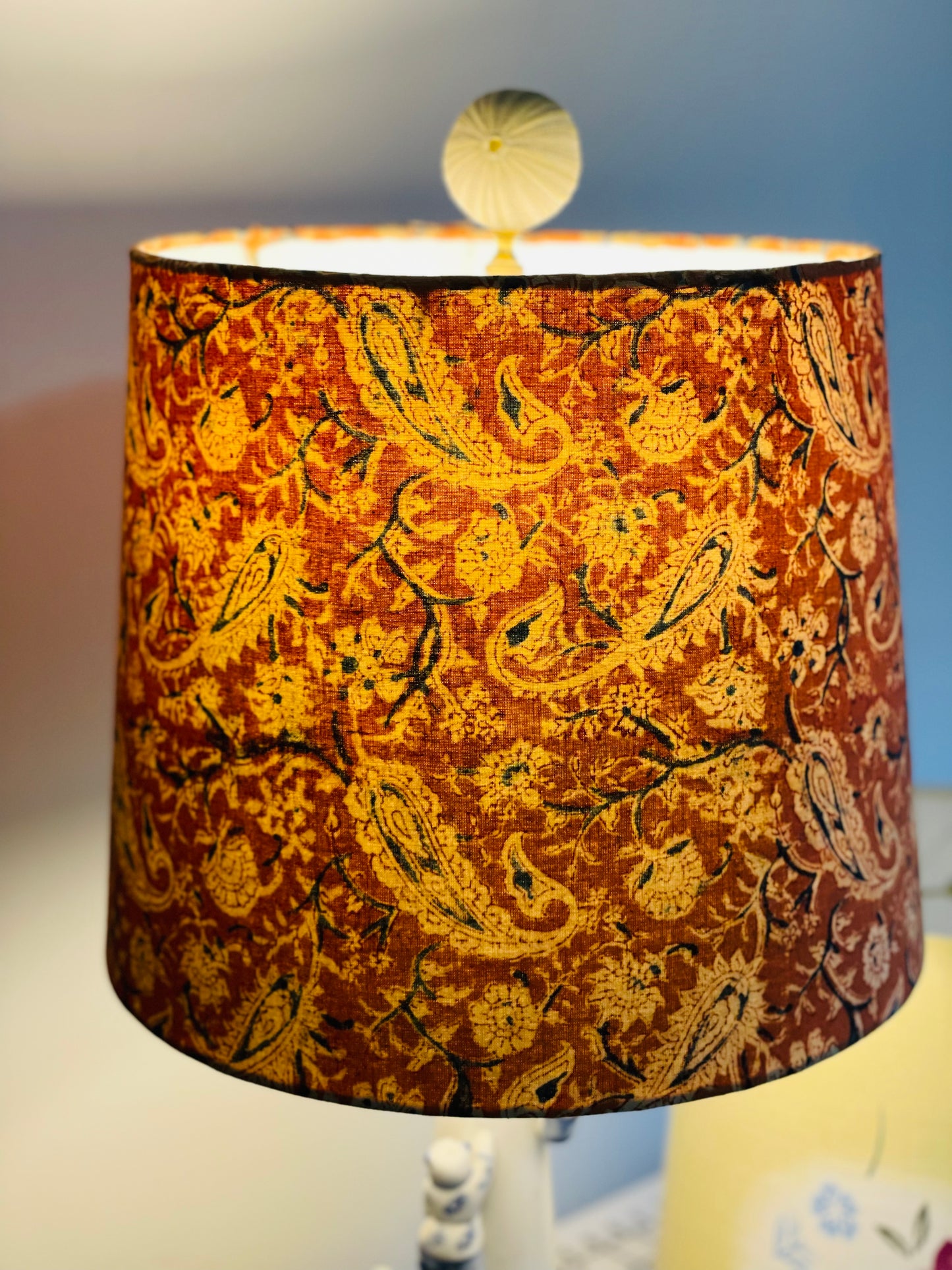 Medium Empire Lampshade. Kalamkari Indian Block Print. Burnt Sienna with Fawn and Smoky Black Paisley.