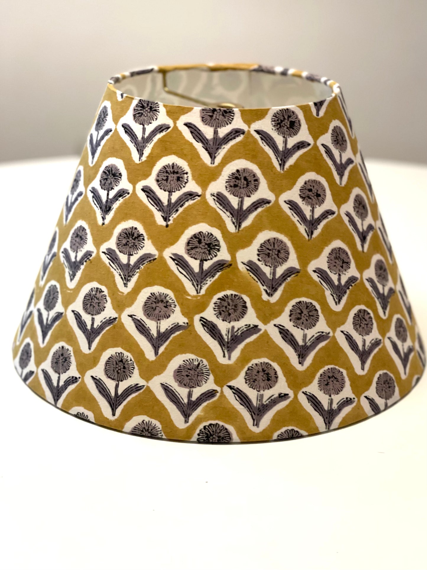 Small Conical Lampshade. Indian Block print from Jaipur. Harvest Gold with Black and Gray Floral Motif.