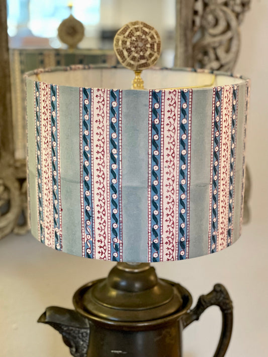 10 inch Drum Lampshade. Sanganeri Block Print from India. Shades of Blue Stripe with Rose Taupe Vine Motif.