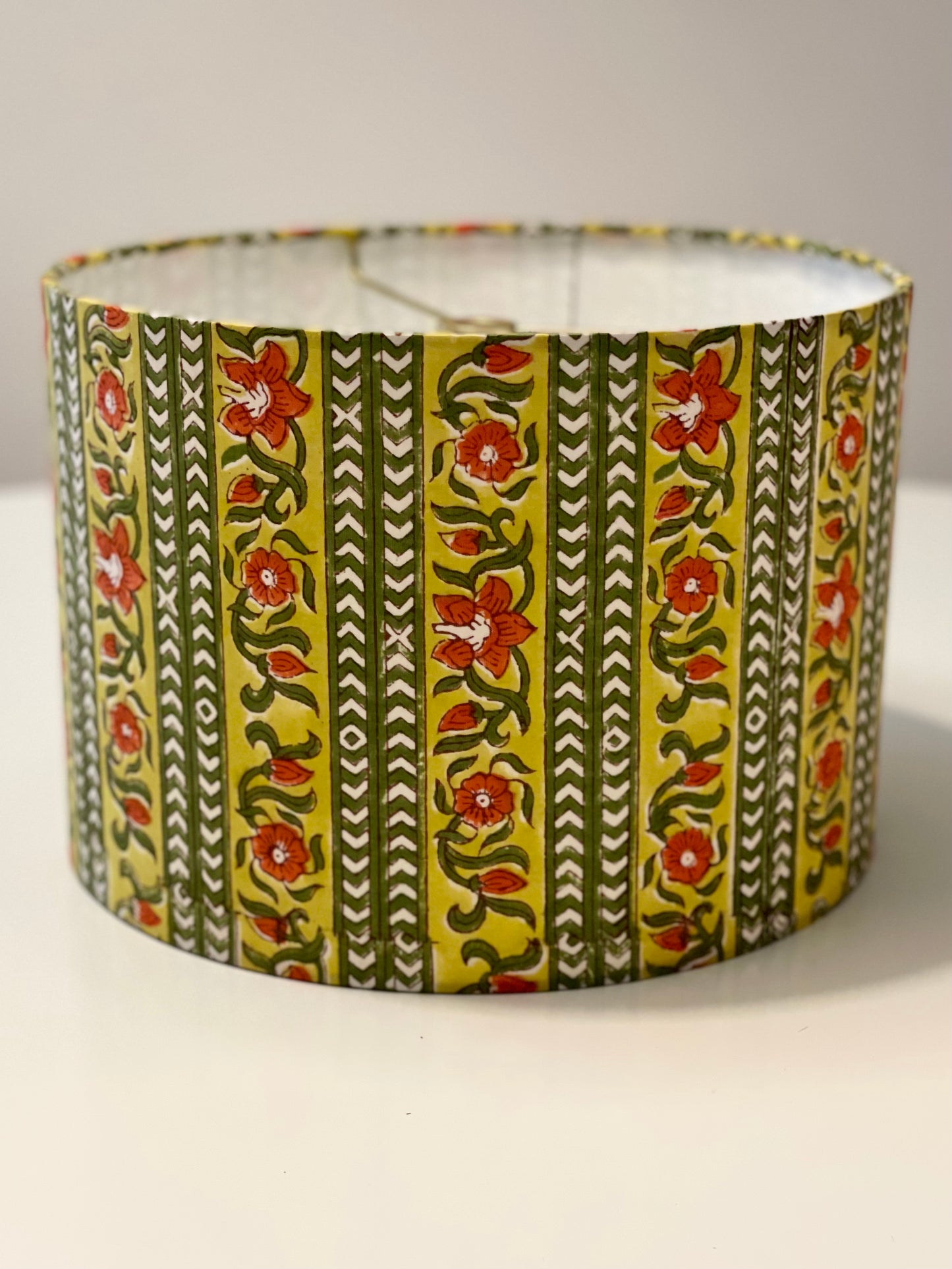 10 inch Drum Lampshade. Sanganeri Block Print from India. Citrine, Chinese Red, and Olive Floral Stripe.