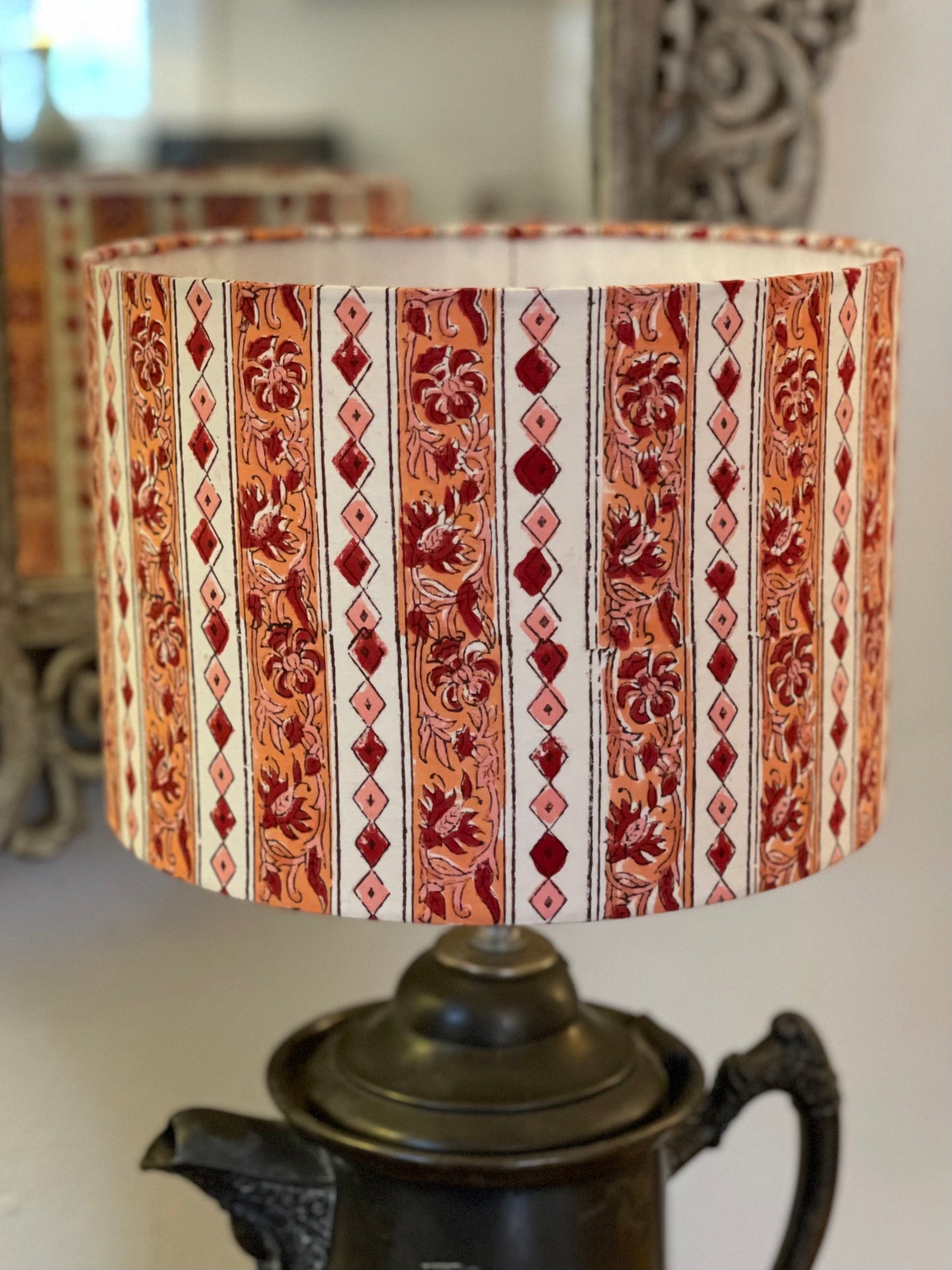 10 inch Drum Lampshade. Sanganeri Block Print from India. Shades of Rose and Warm Pink Stripes.