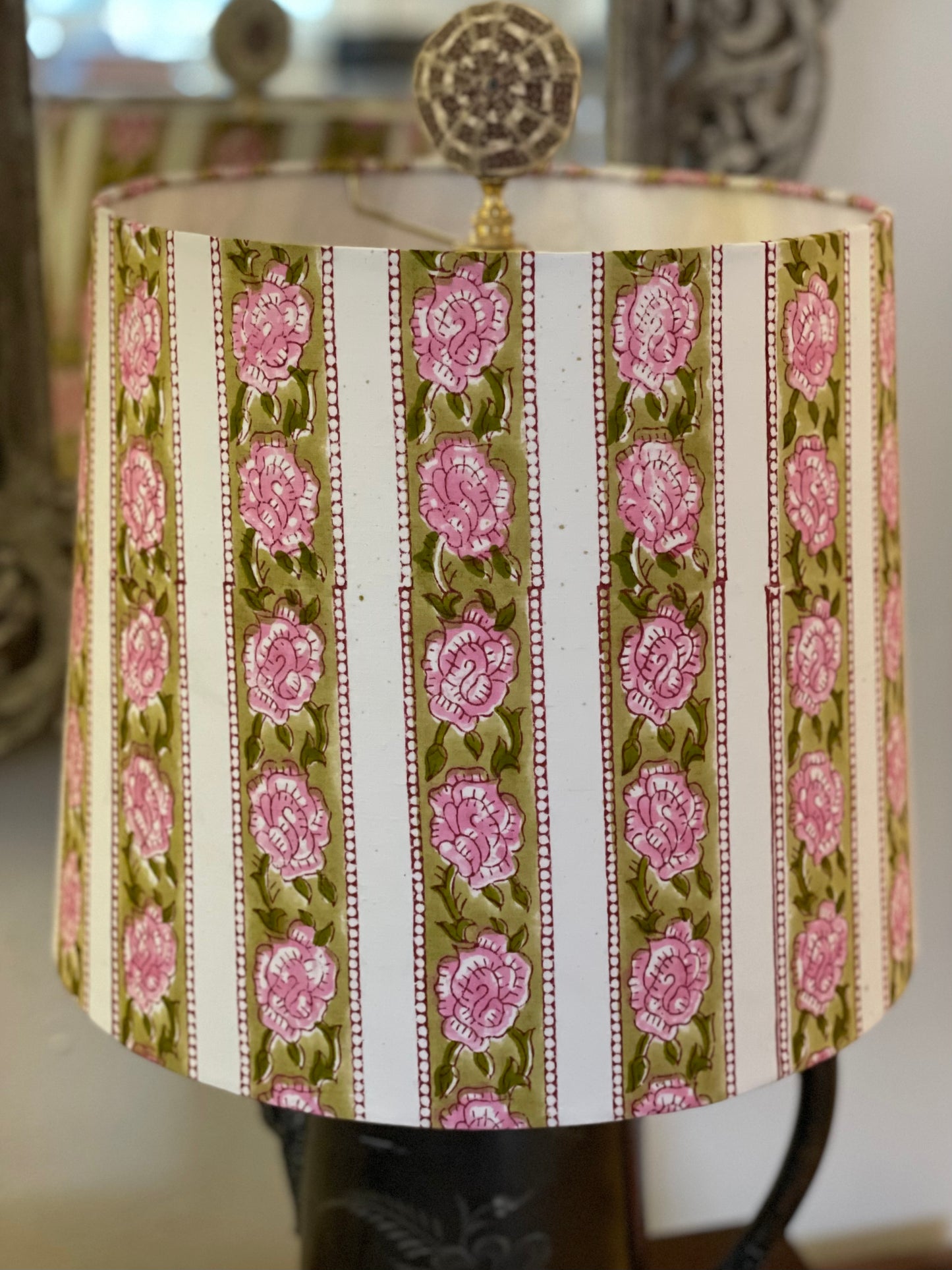 Medium Empire Lampshade. Sanganeri Block Print from India. Ivory and Rose Floral Stripe.