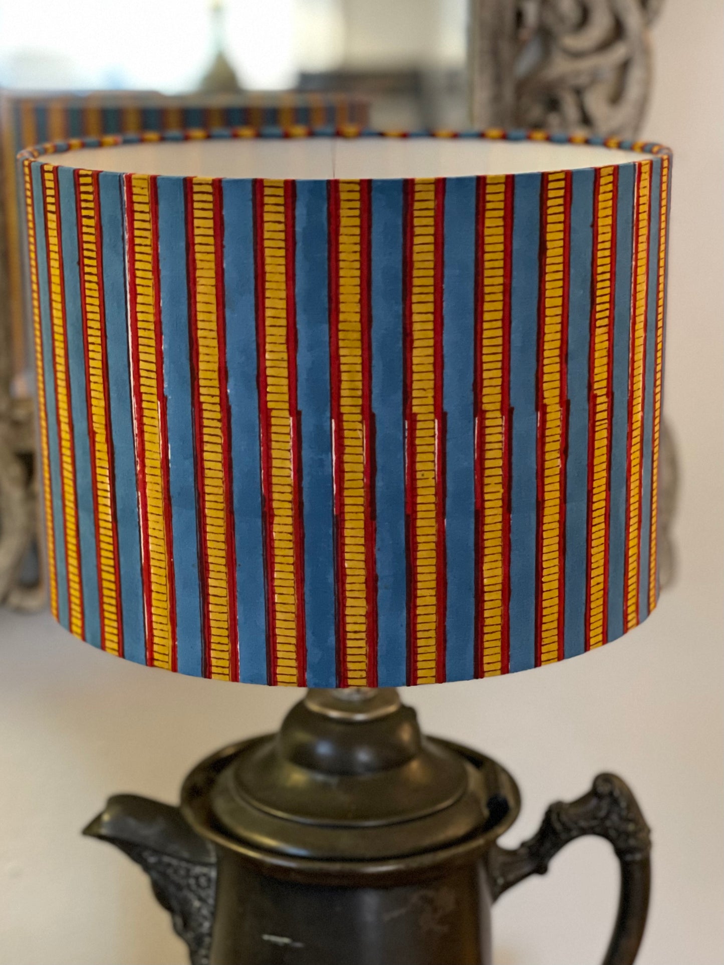 10 inch Drum Lampshade. Sanganeri Block Print from India. Azure Blue, Mustard, and Maroon Stripe.