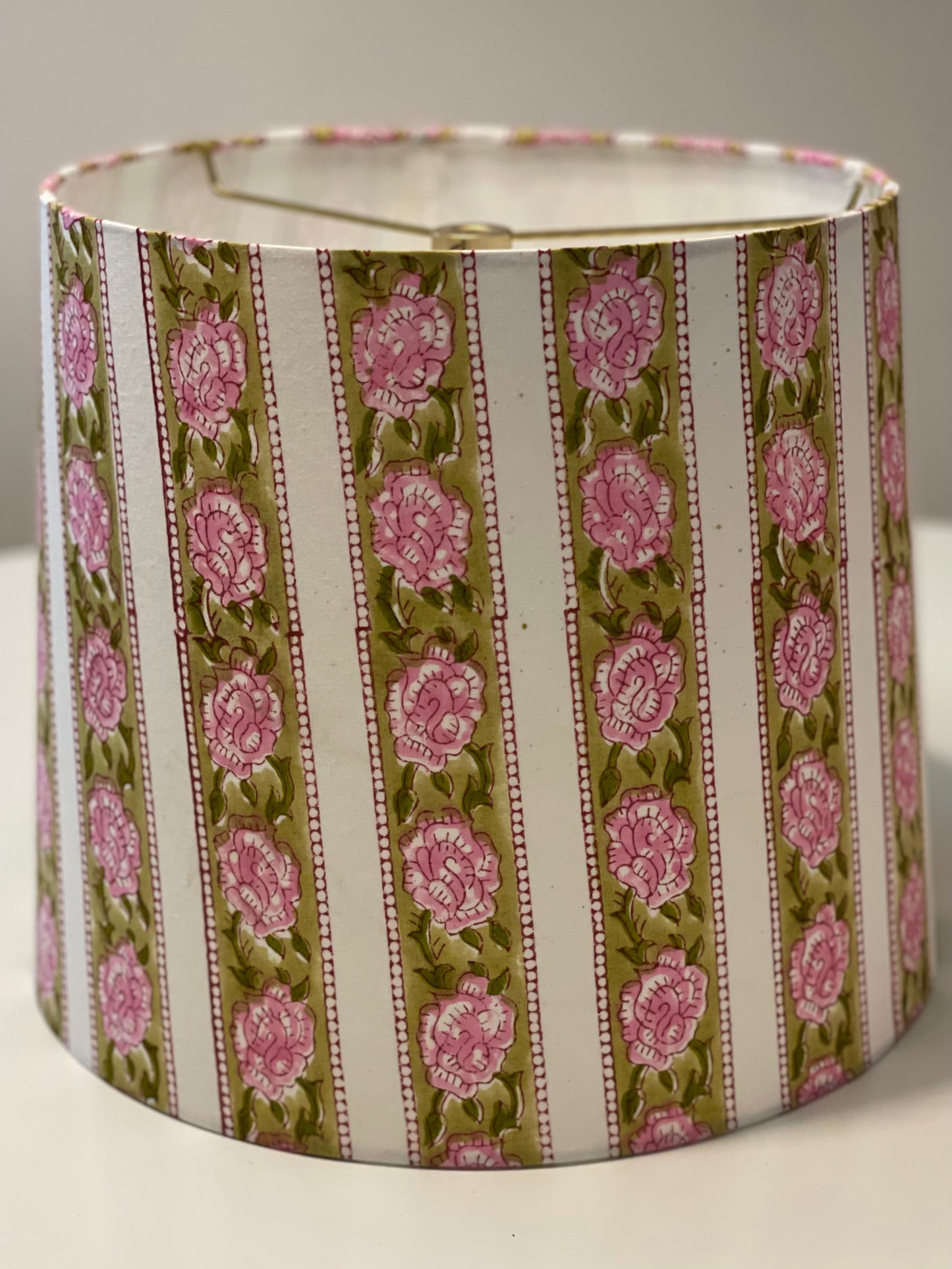 Medium Empire Lampshade. Sanganeri Block Print from India. Ivory and Rose Floral Stripe.