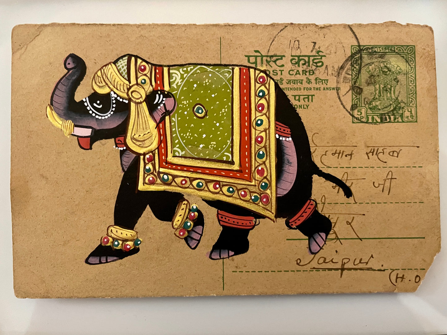 Hand Painted Vintage Postcard- Elephant