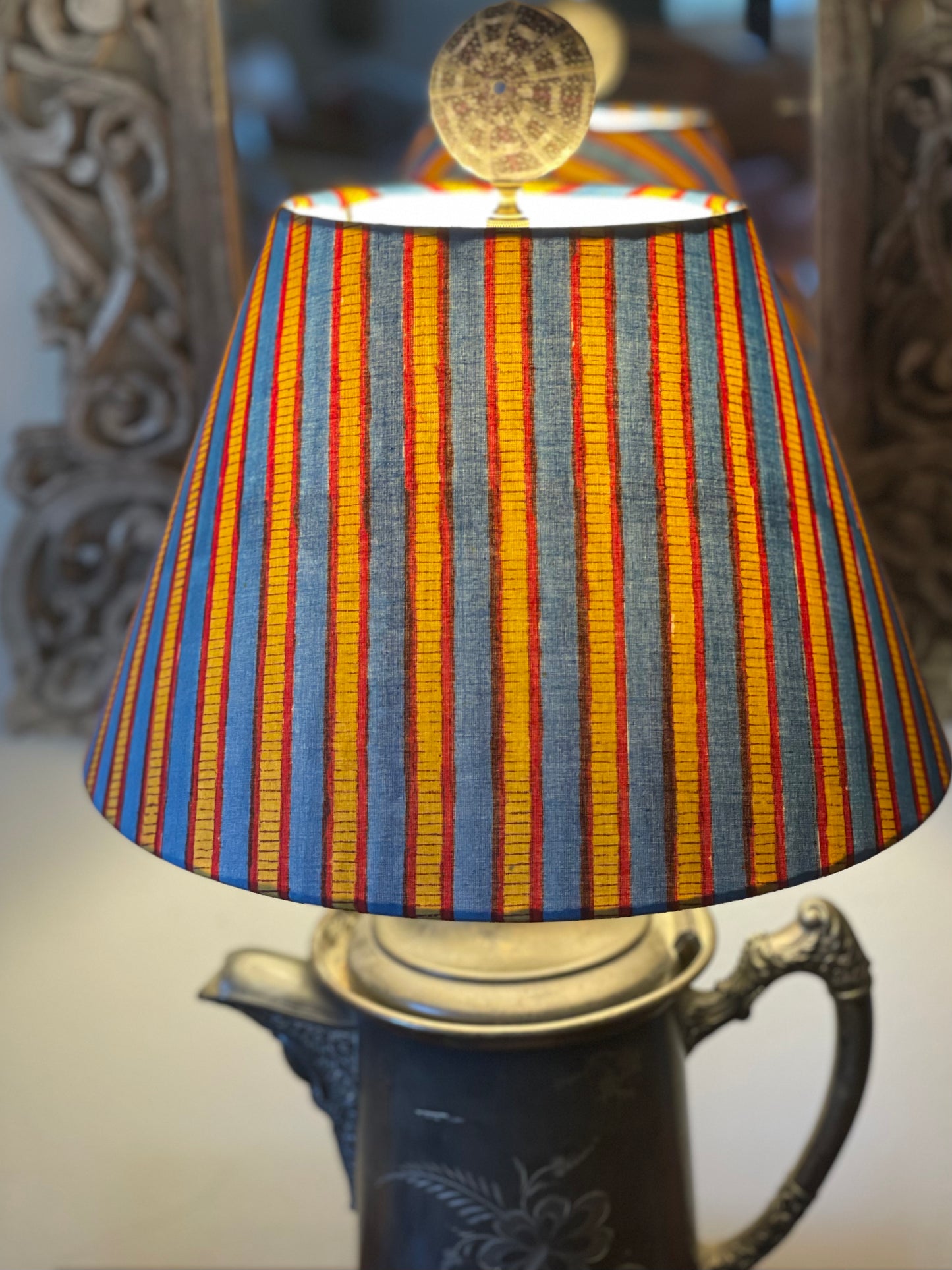 Small Conical Lampshade. Sanganeri Block Print from India. Azure Blue, Mustard, and Maroon Stripe.