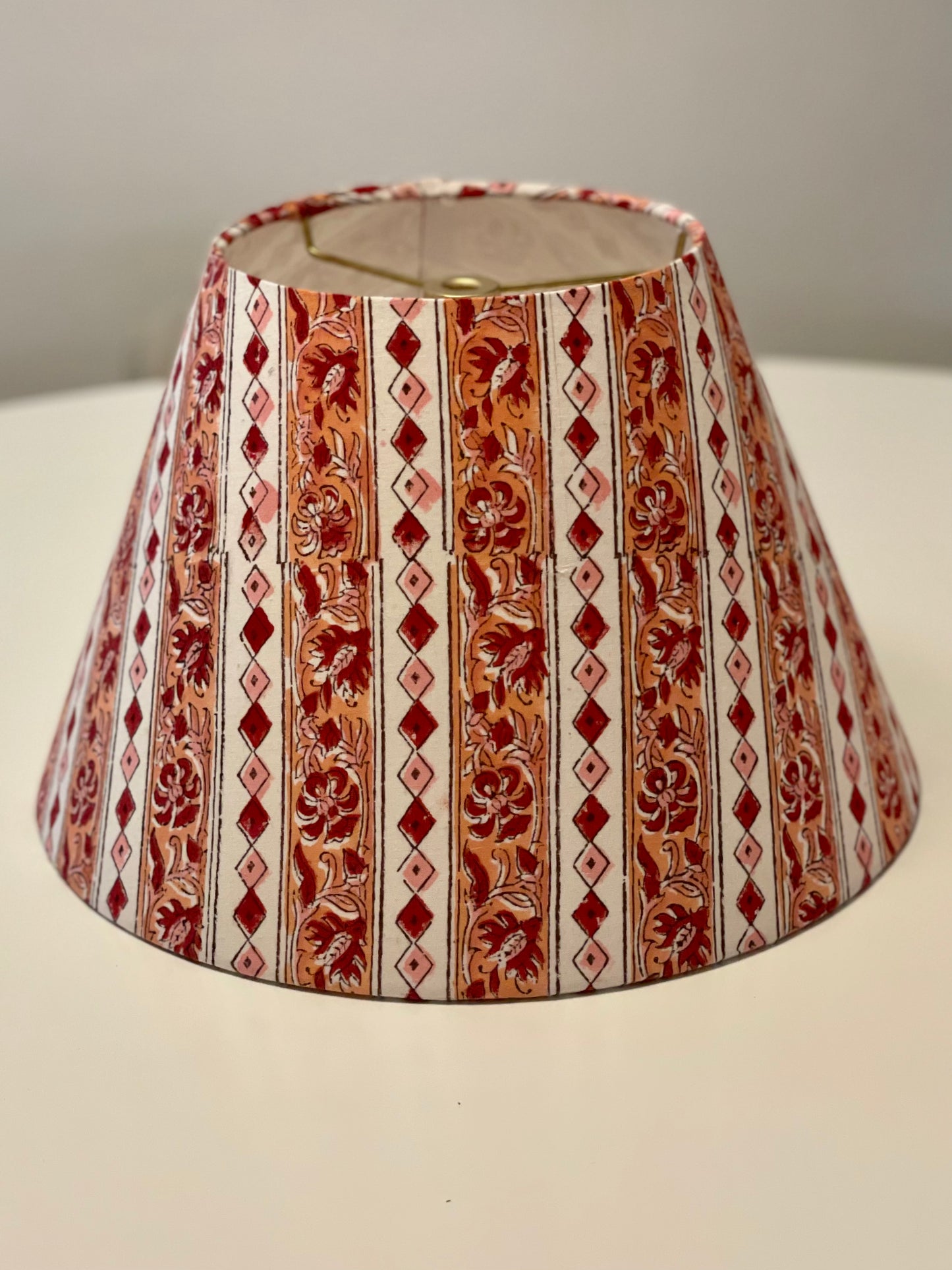 Small Conical Lampshade. Sanganeri Block Print from India. Shades of Rose and Warm Pink Stripes.
