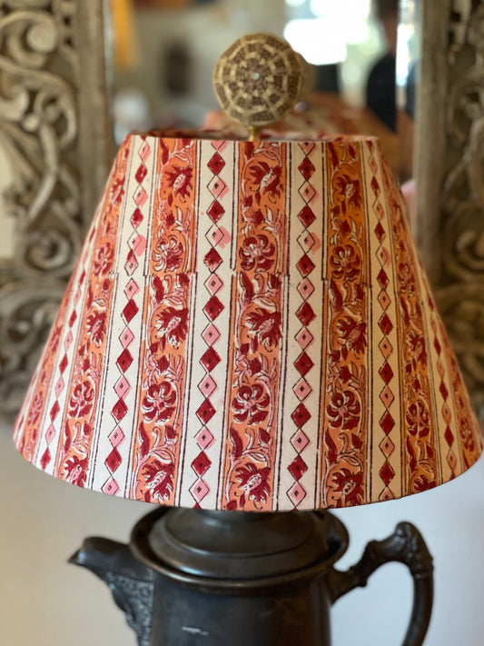 Small Conical Lampshade. Sanganeri Block Print from India. Shades of Rose and Warm Pink Stripes.