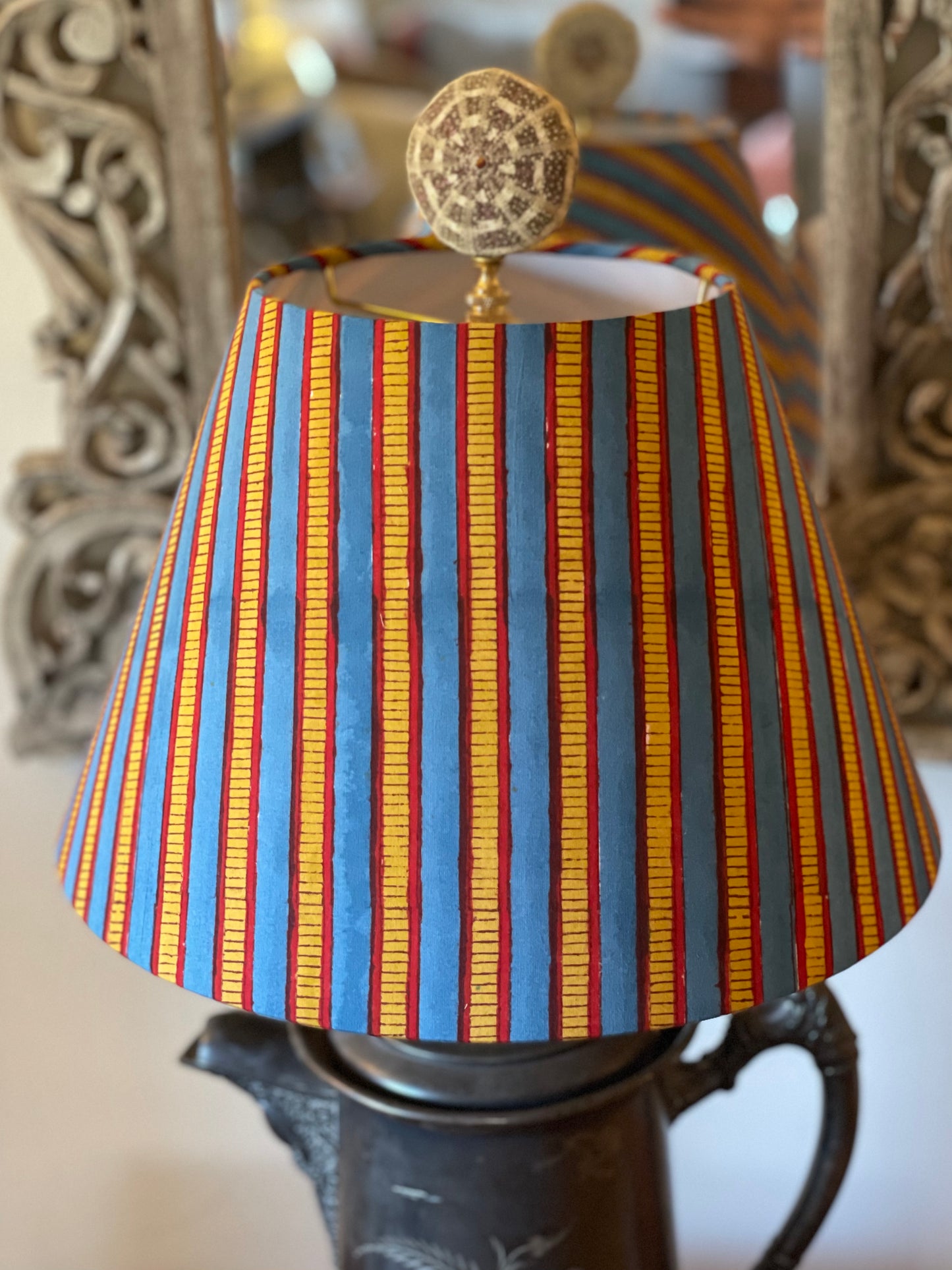Small Conical Lampshade. Sanganeri Block Print from India. Azure Blue, Mustard, and Maroon Stripe.