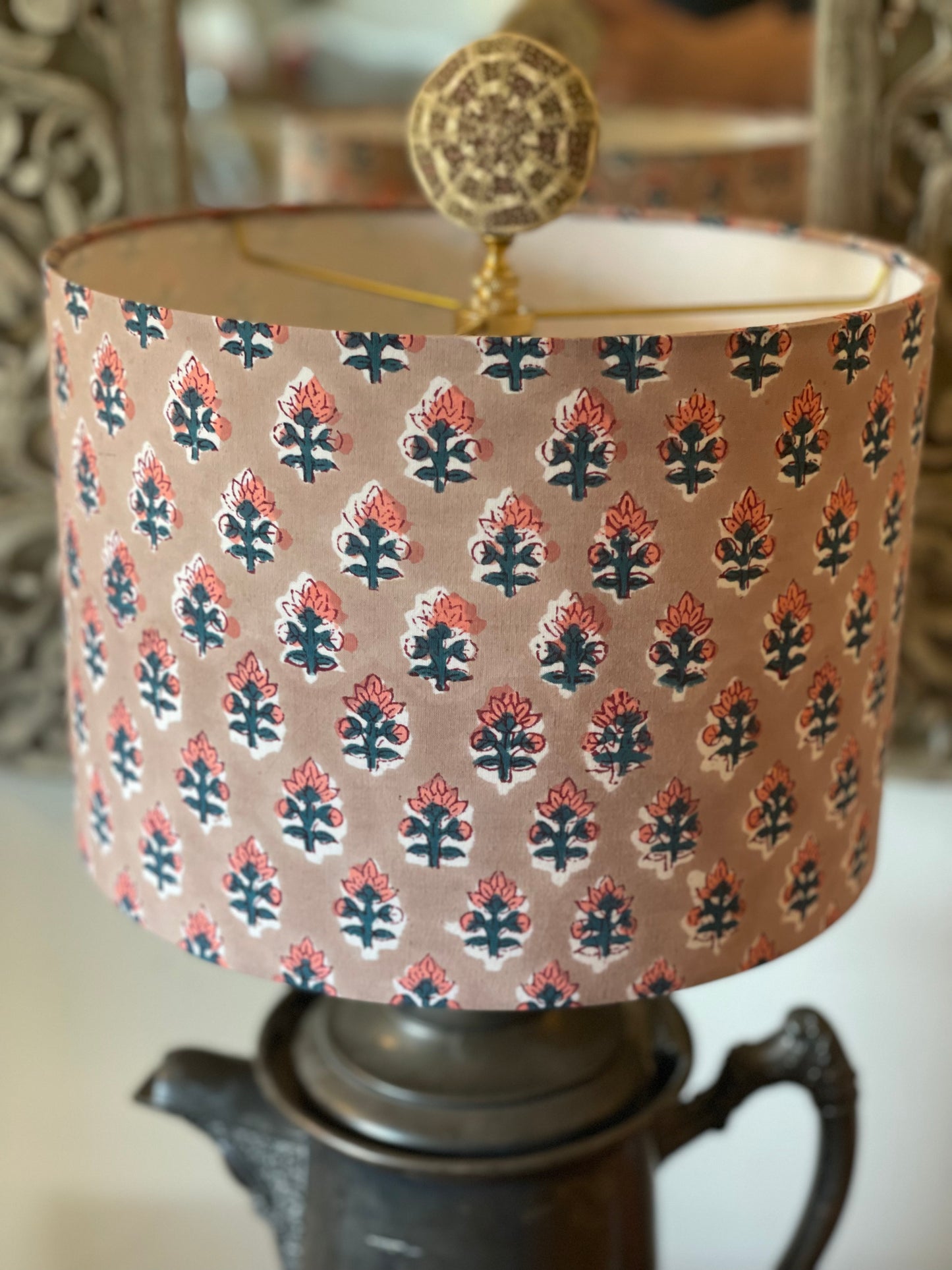 10 inch Drum Lampshade. Sanganeri Block Print from India. Salmon and Teal Floral on Khaki.