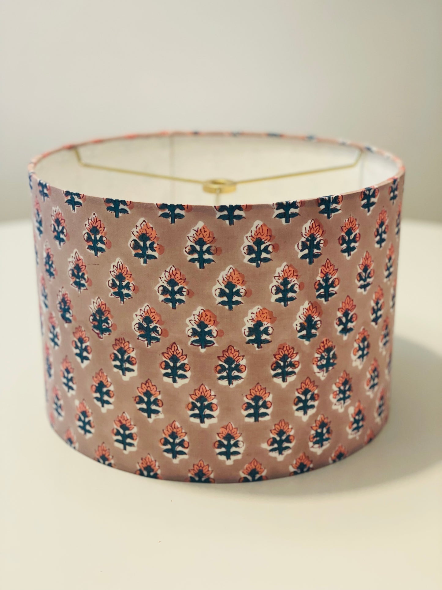 10 inch Drum Lampshade. Sanganeri Block Print from India. Salmon and Teal Floral on Khaki.
