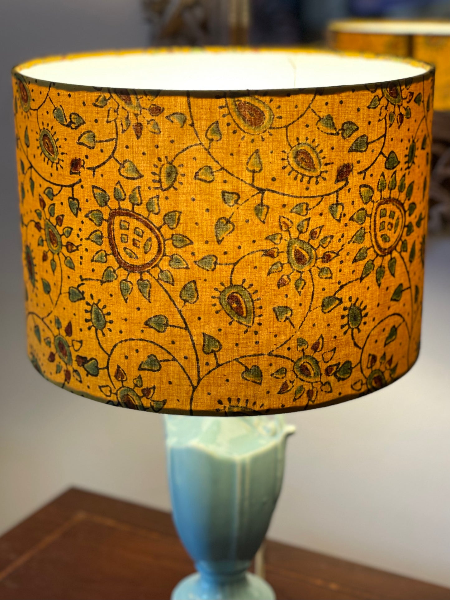 10 inch Drum Lampshade. Ajrakh Hand Block Print from India. Saffron, Olive, and Russet.